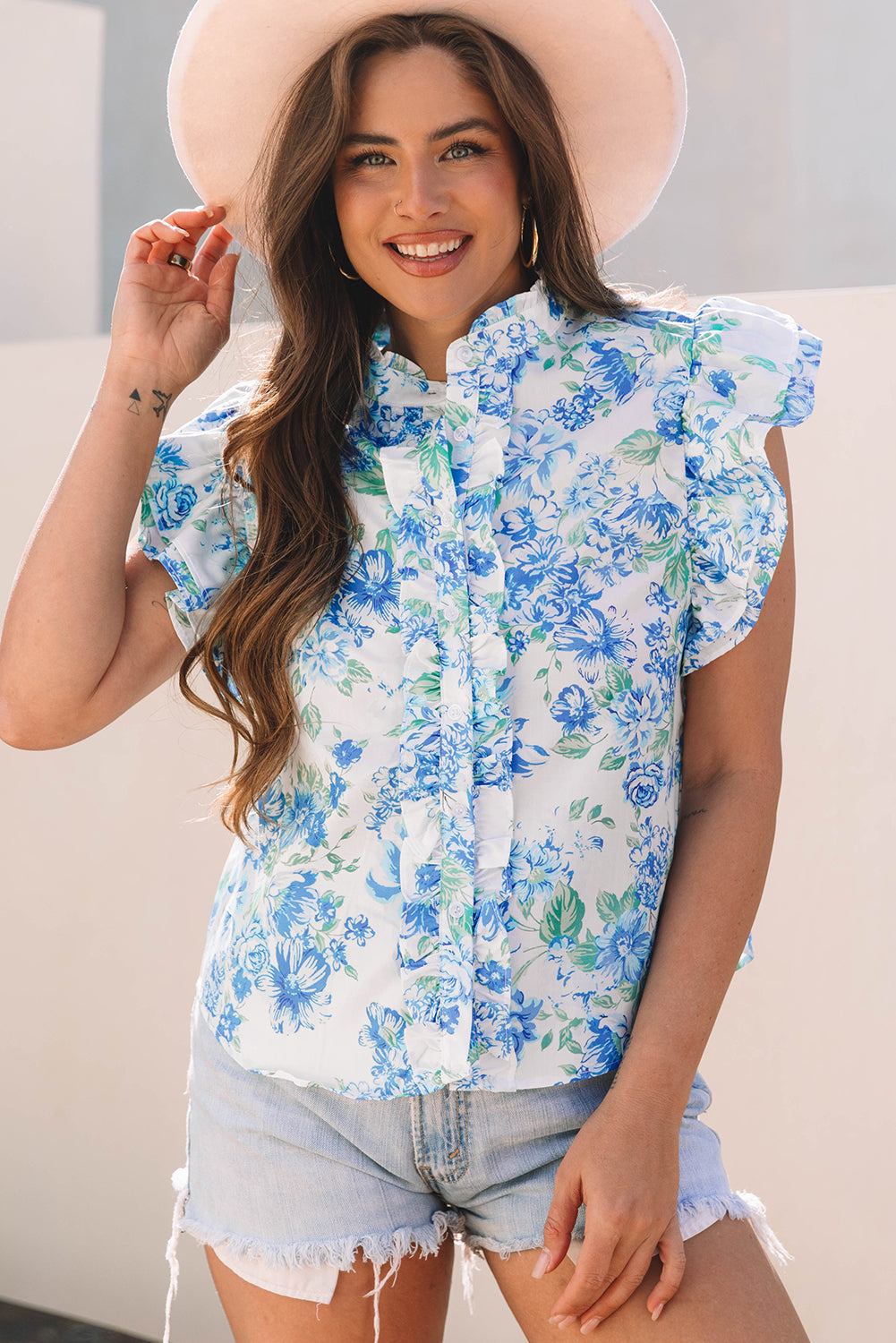 Floral Ruffle Sleeve Frilly Button-Up Shirt
