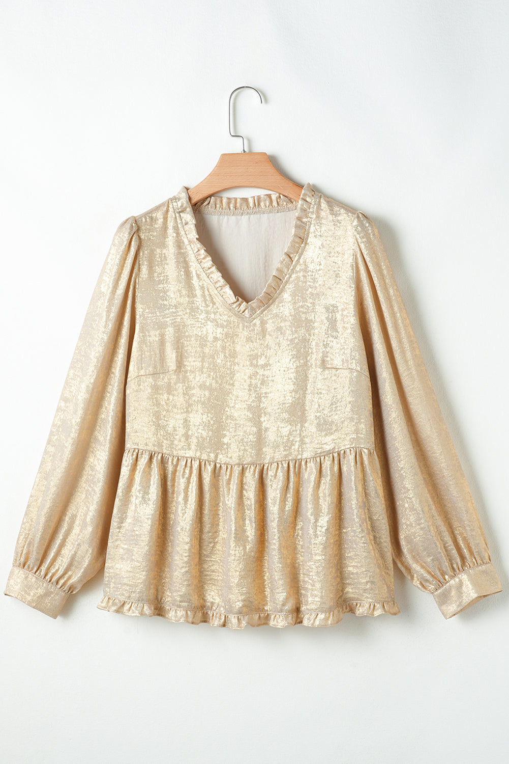 Solid Metallic V-Neck Puff Sleeve Babydoll Blouse