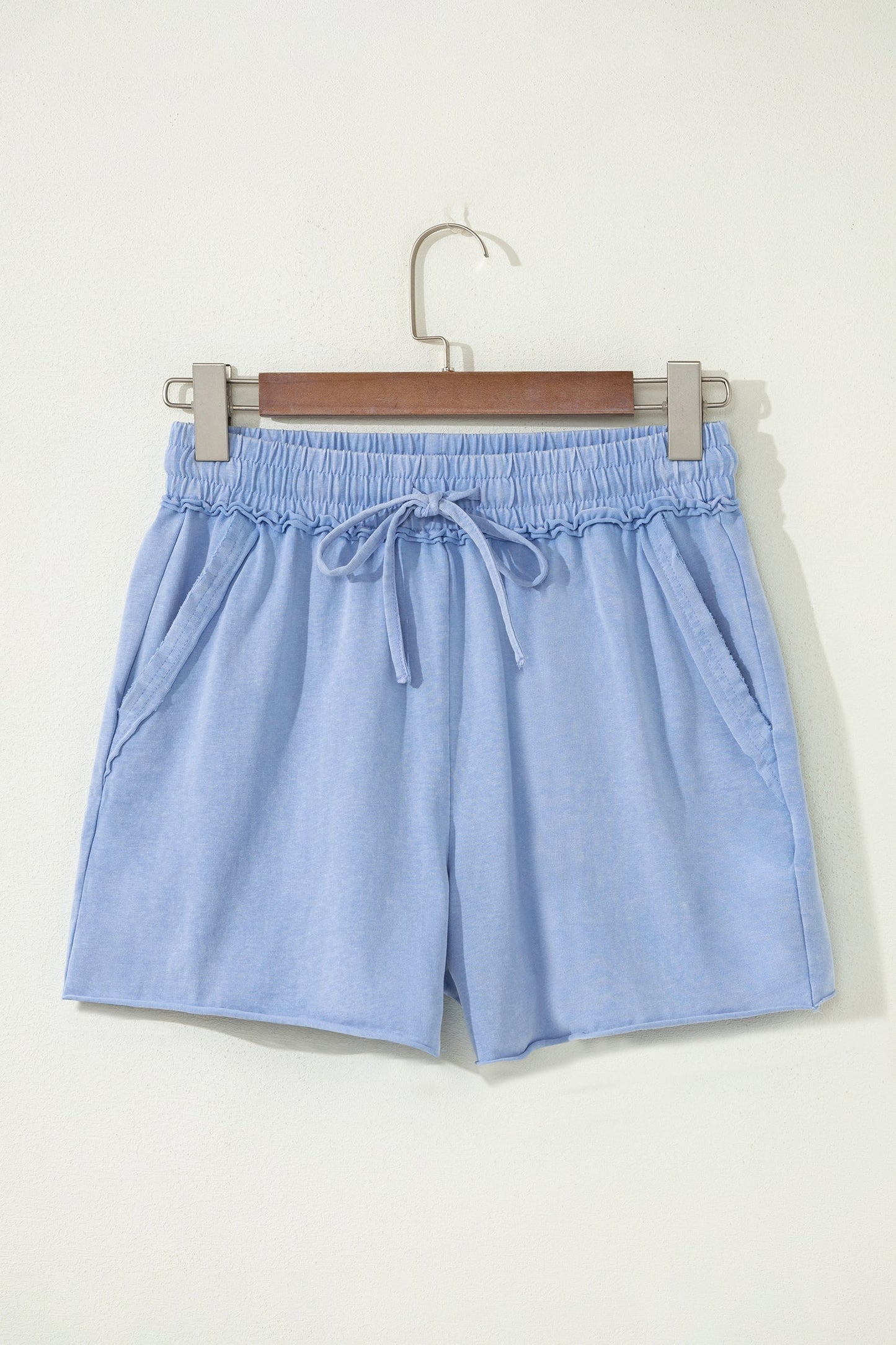 Mineral Wash Drawstring Elastic Waist Raw Edge Shorts