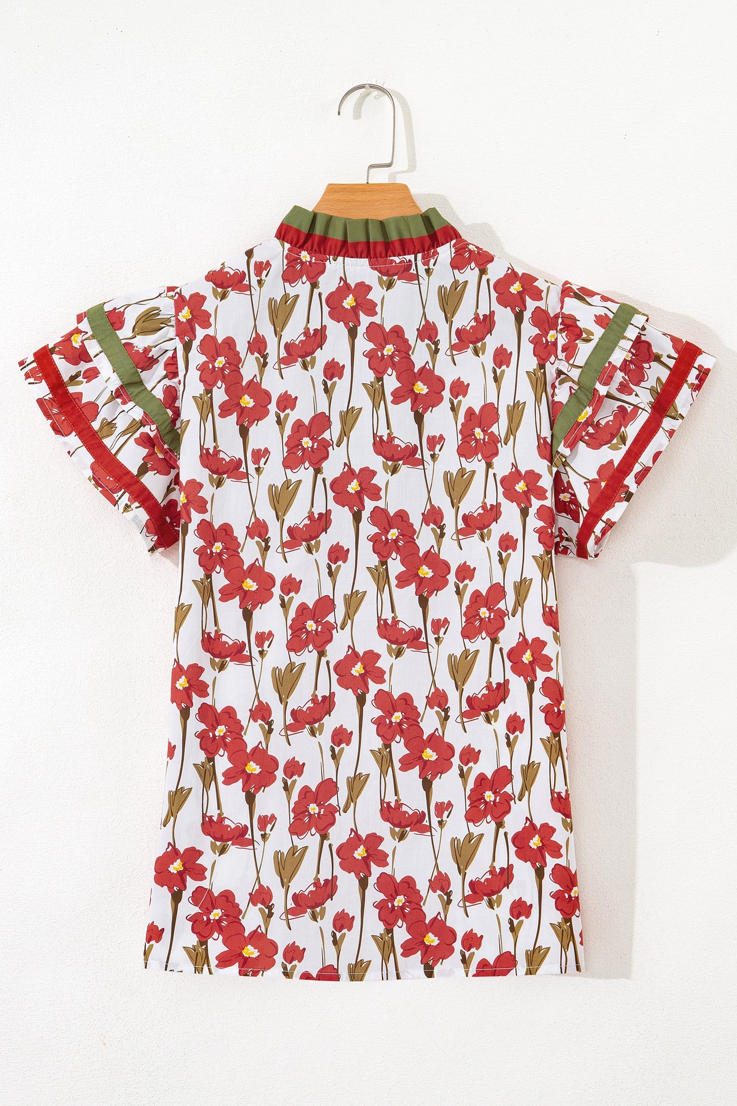 Floral Contrast Trim V-Neck Ruffle Short Sleeve Blouse