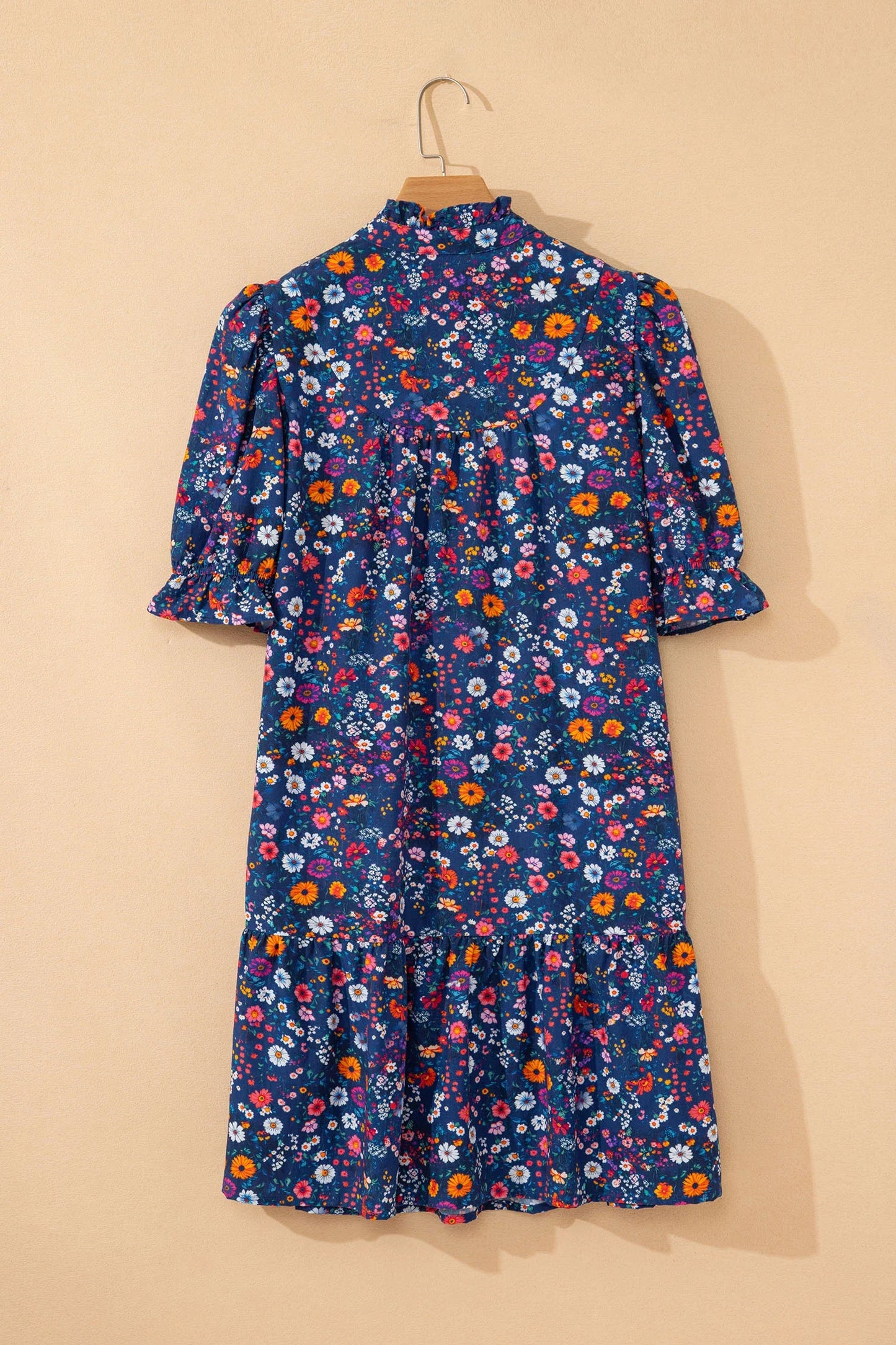 Floral Split Neck Wild Daisy Puff Mini Dress