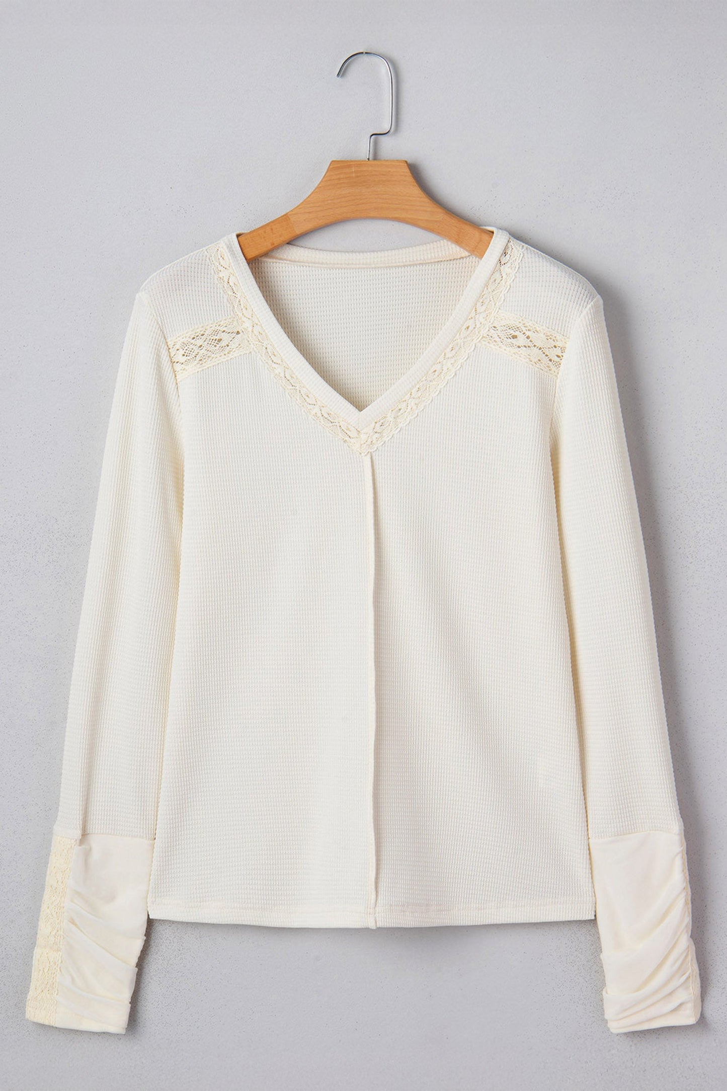 Lace Trim Ruched Long Sleeve V-Neck Thermal Top
