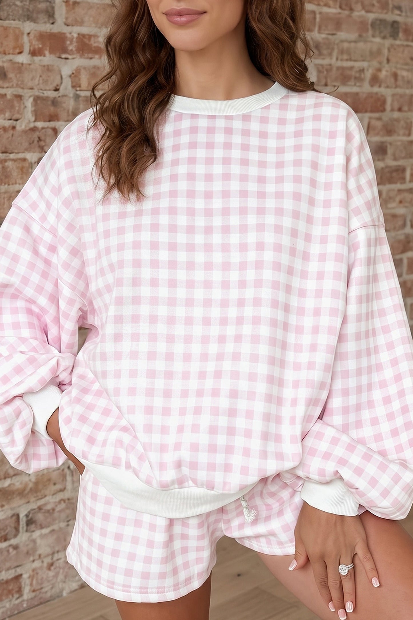 Gingham Contrast Trim Pullover Top & Shorts Set