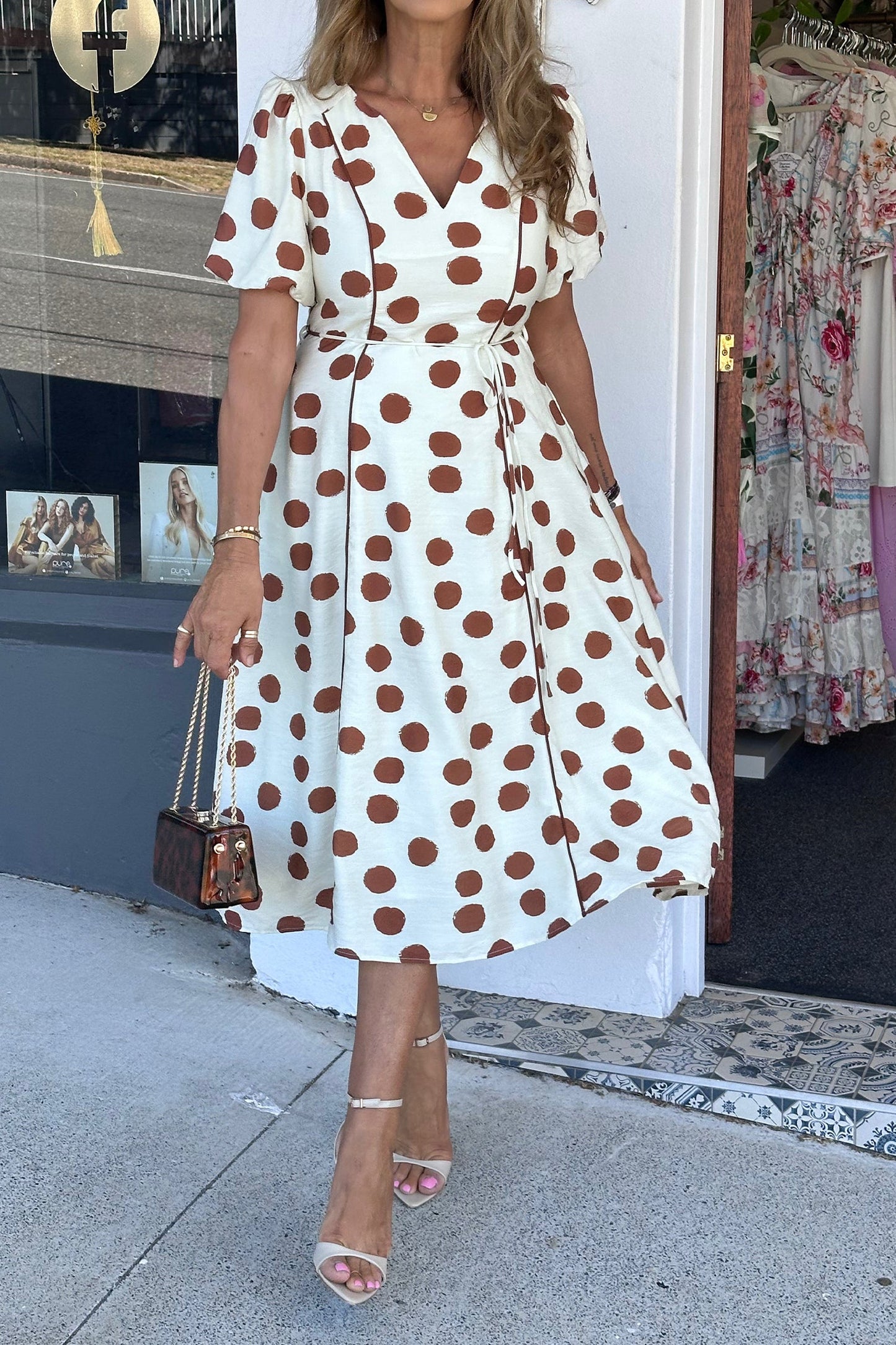Polka Dot V-Neck Short Sleeve Tie Dress