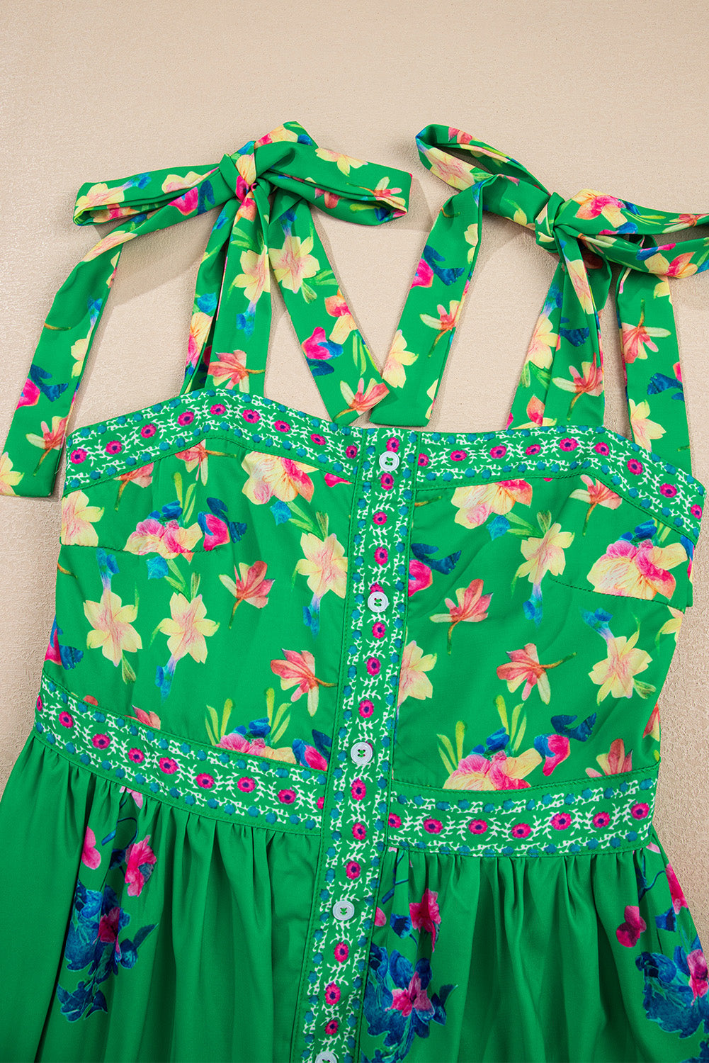 Floral Contrast Trim Knotted Straps Midi Dress