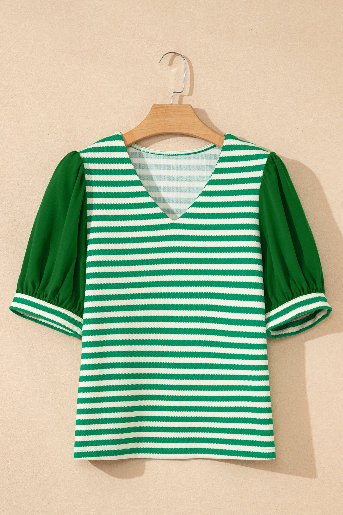 Stripe Patchwork Puff Short Sleeve V-Neck Blouse