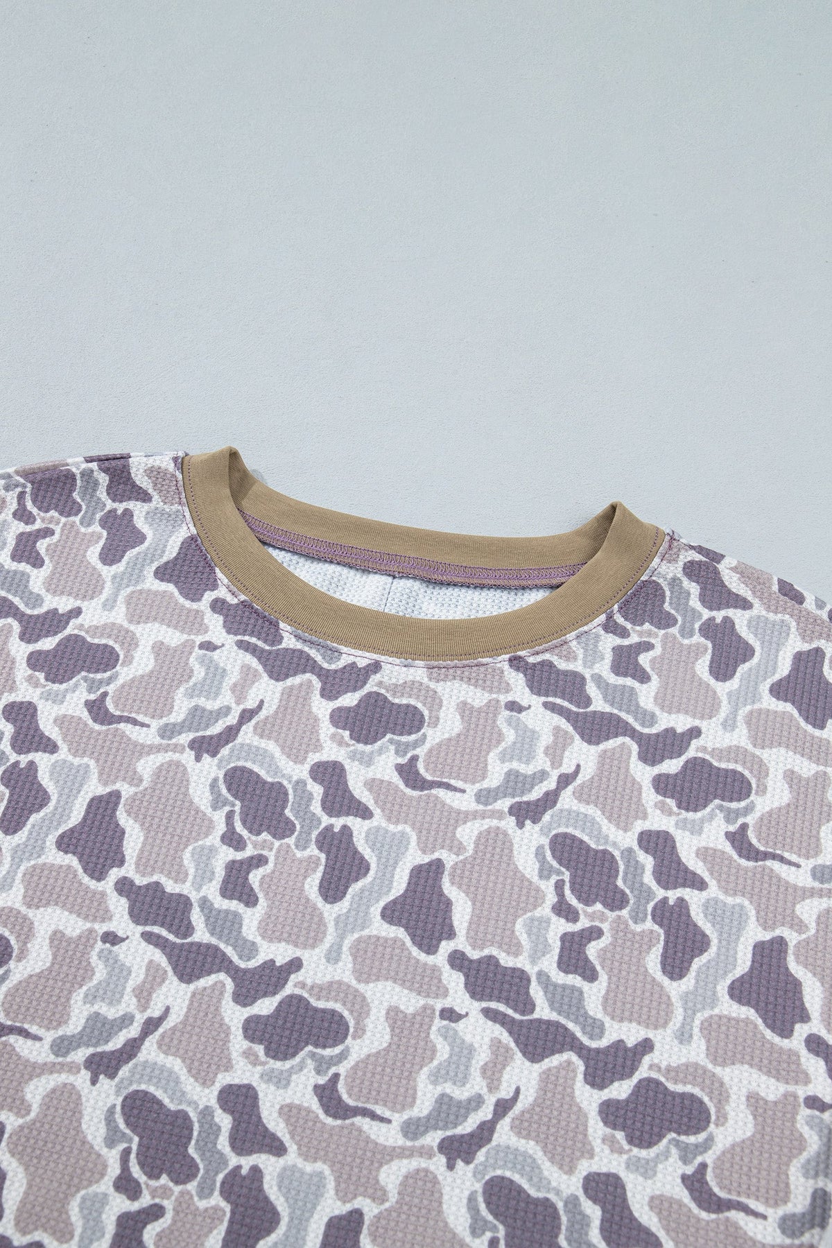 Camo Contrast Trim Waffle Knit Long Sleeve Top