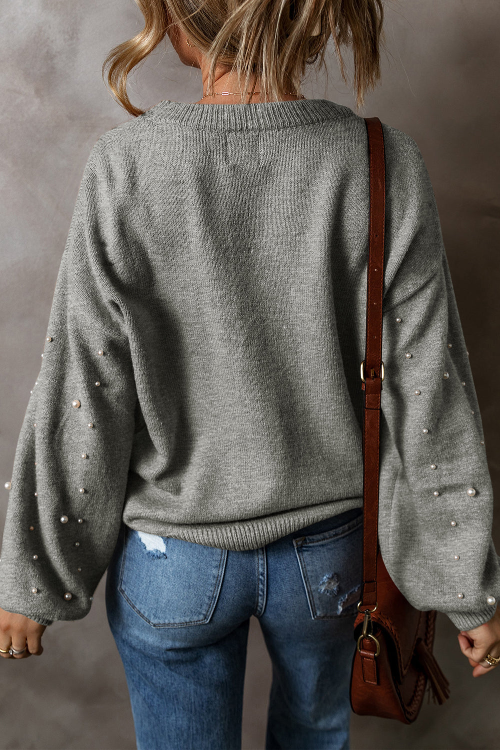 Solid Pearl Drop Shoulder Round Neck Sweater