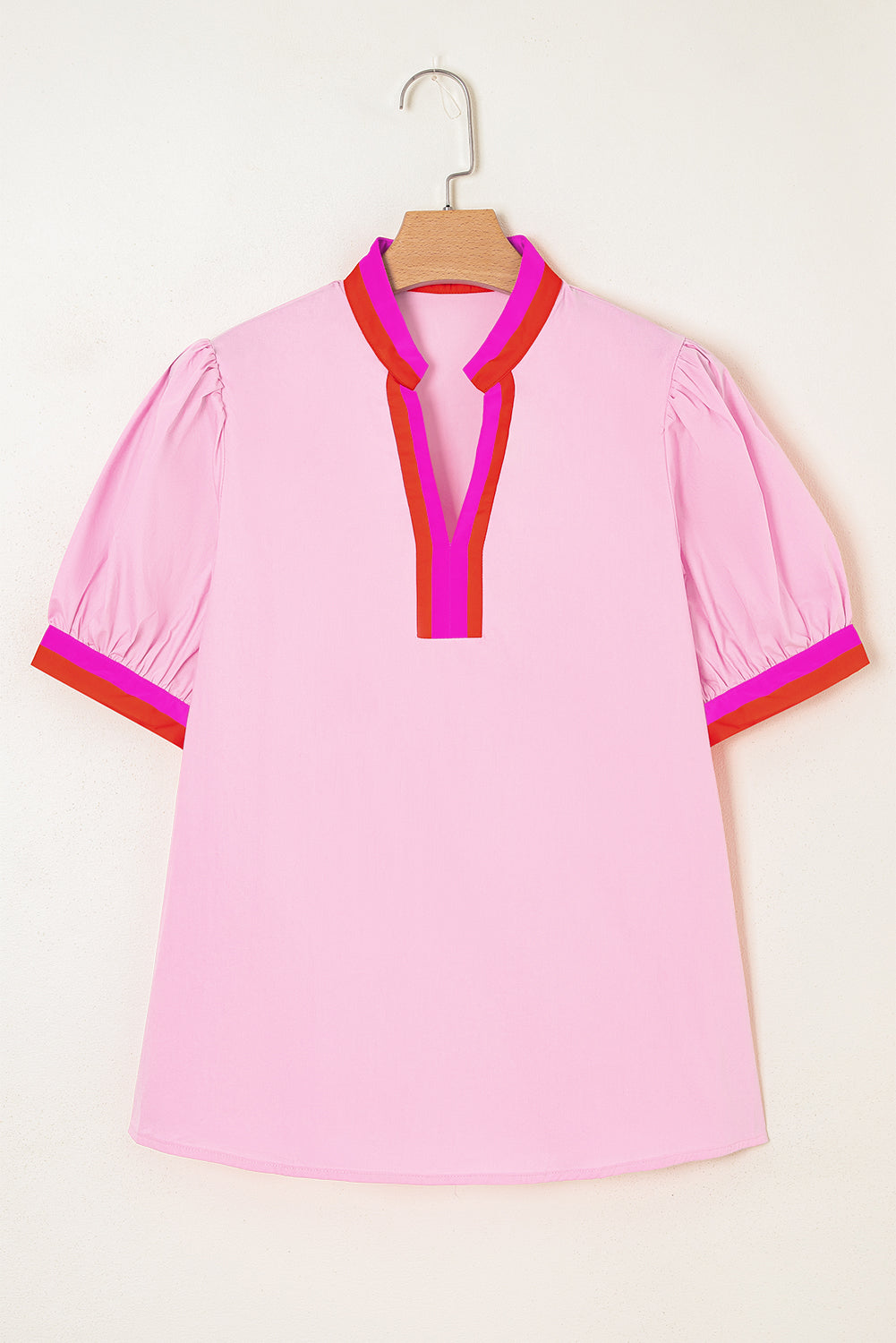 Contrast Stripe V-Neck Collision Short Puff Blouse