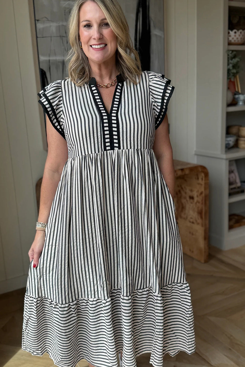 Stripe Ruffle Short Sleeve V-Neck Midi Dress