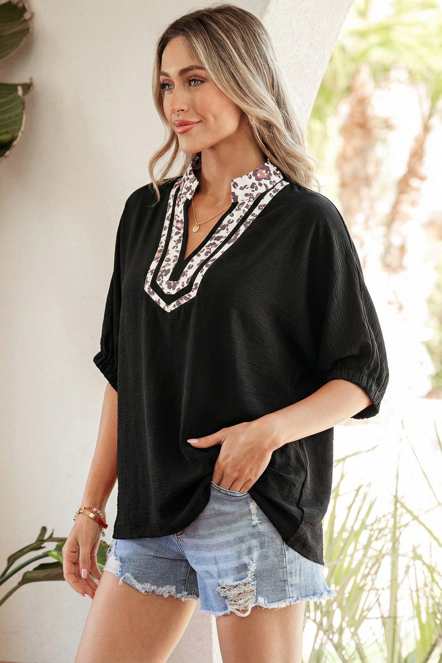 Leopard Patchwork Dolman Sleeve V-Neck Blouse
