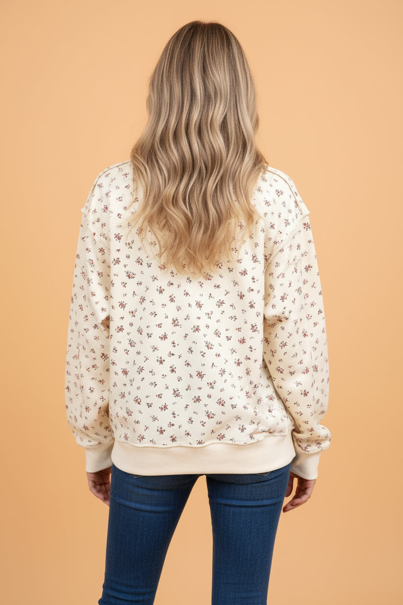 Floral Ribbed High Neck Exposed Hem Baggy Sweatshirt
