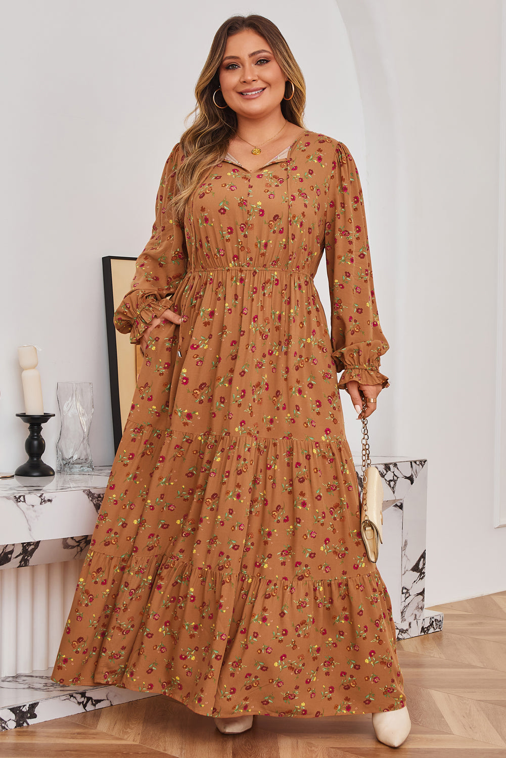 Plus Size Floral V-Neck Ruffle Sleeve Tiered Dress
