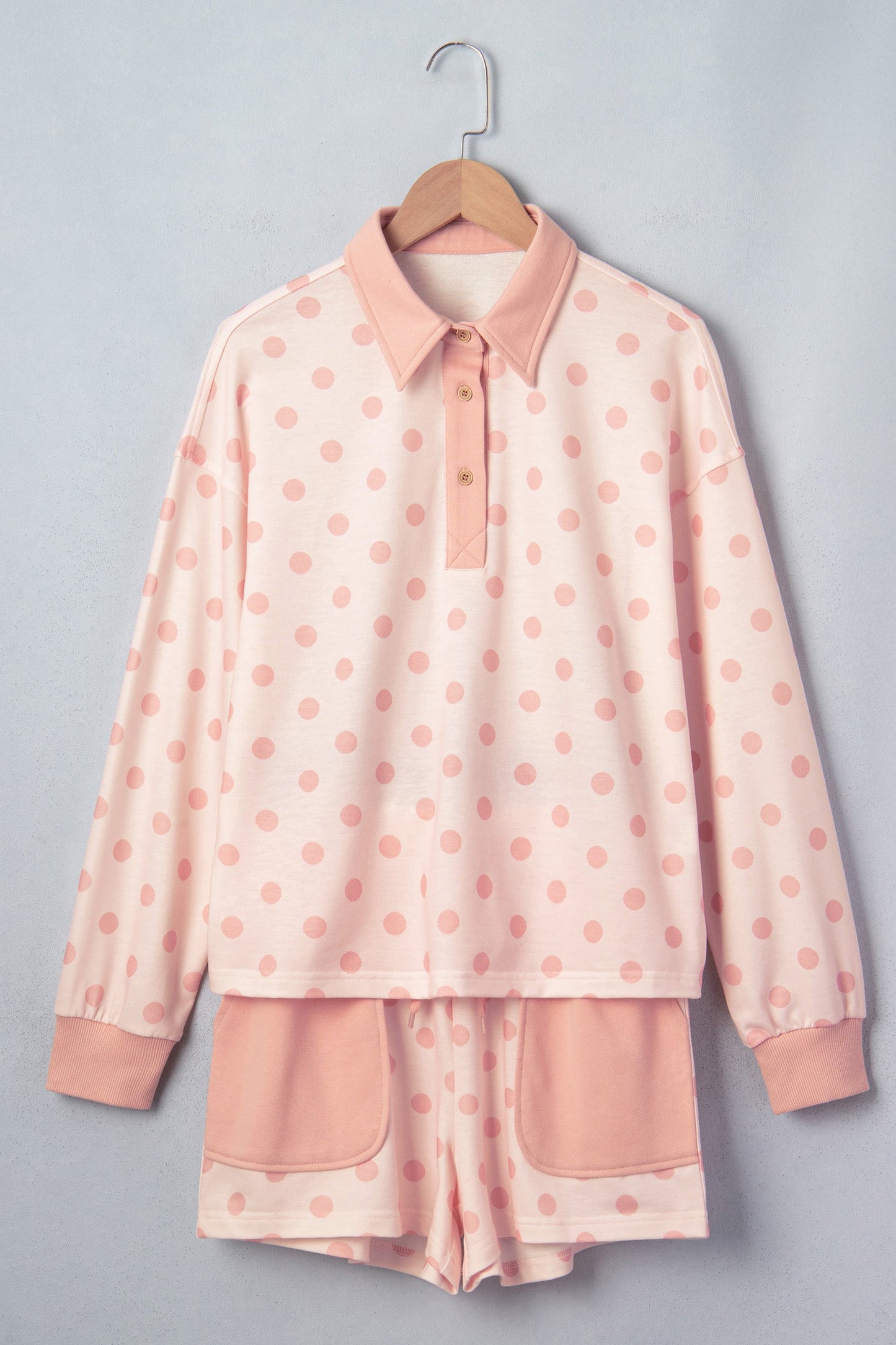 Polka Dot Polo Pullover & Elastic Waist Shorts Set