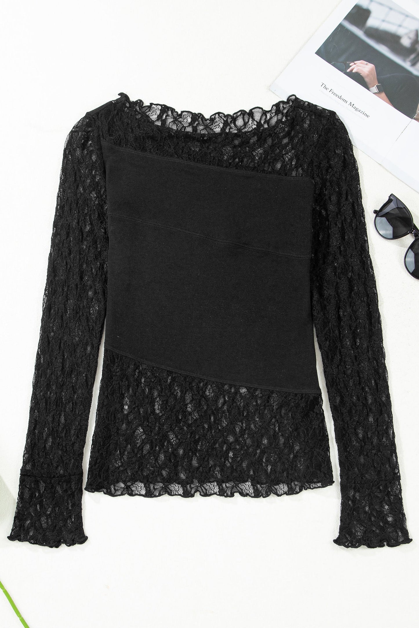 Sheer Lace Asymmetric Patchwork Long Sleeve Top