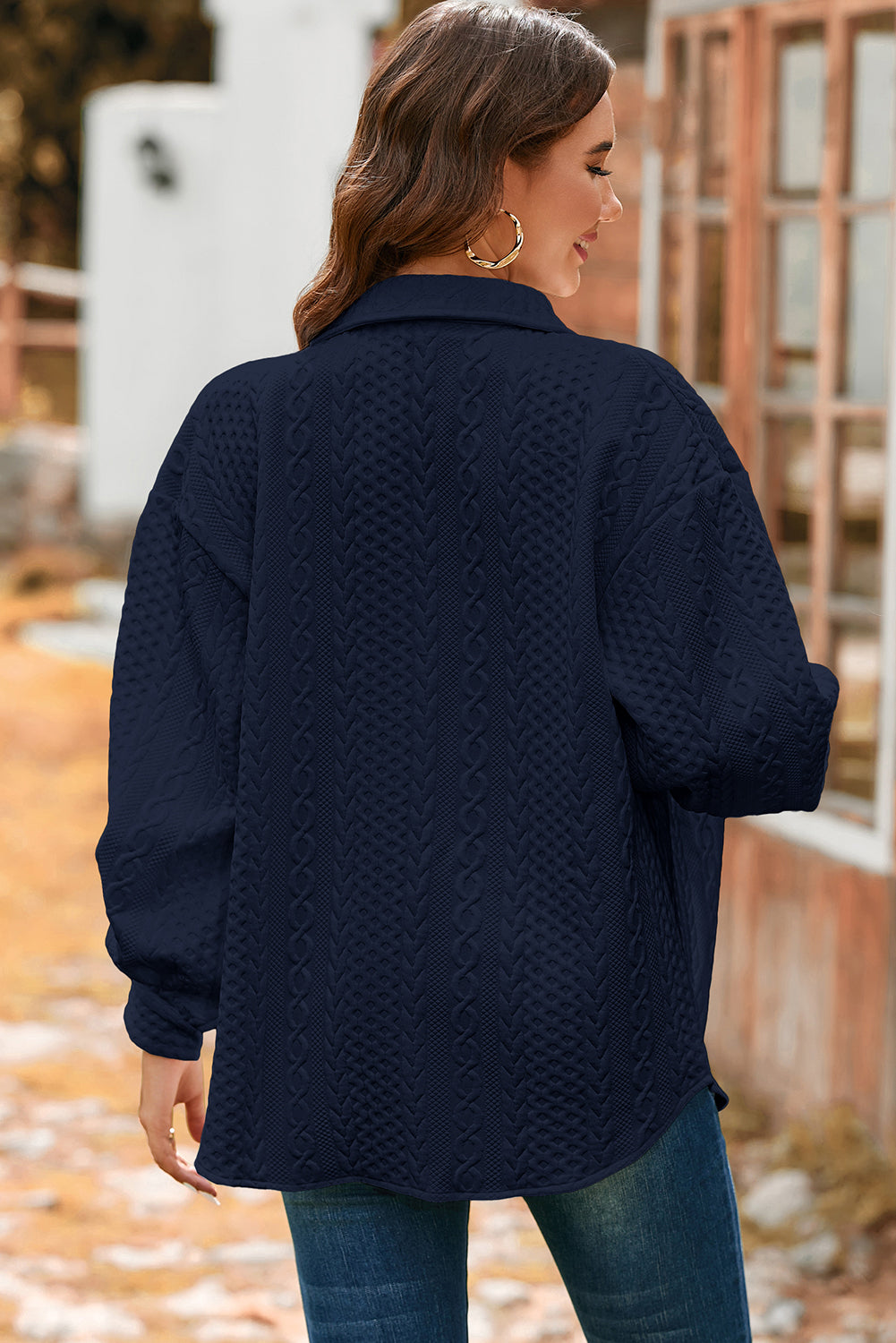 Solid Cable Knit Textured Puff Sleeve Shacket