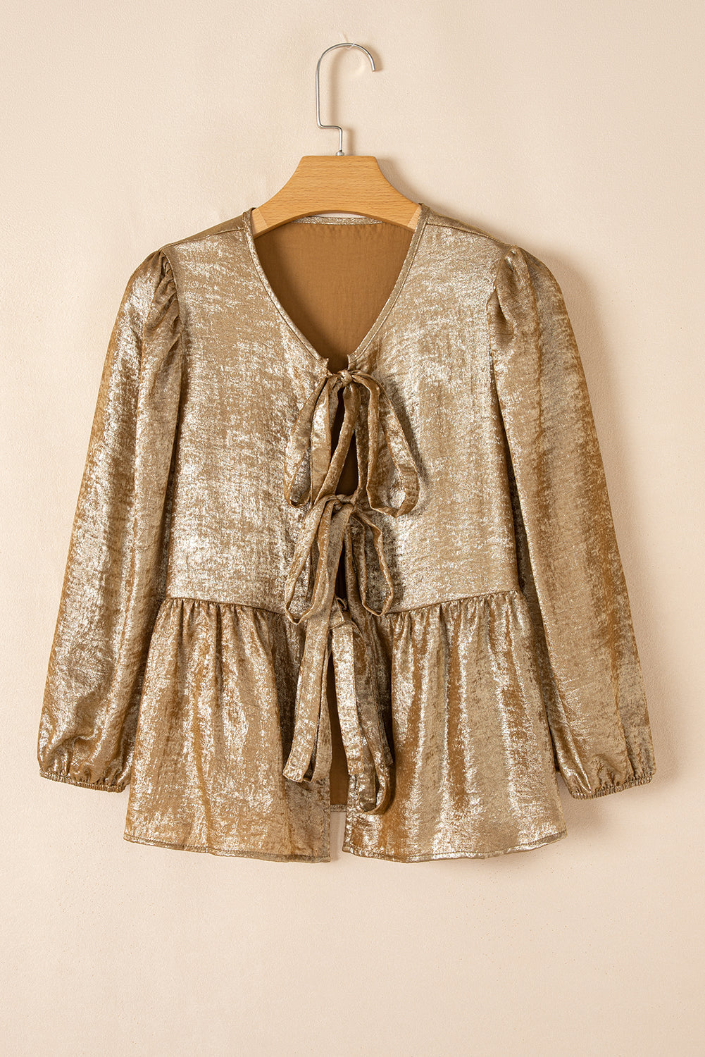 Metallic Tie Front 3/4 Puff Sleeve Peplum Blouse