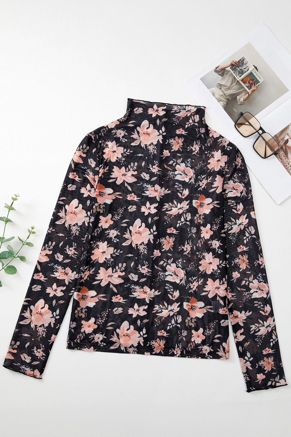 Floral Mesh Mock Neck Top
