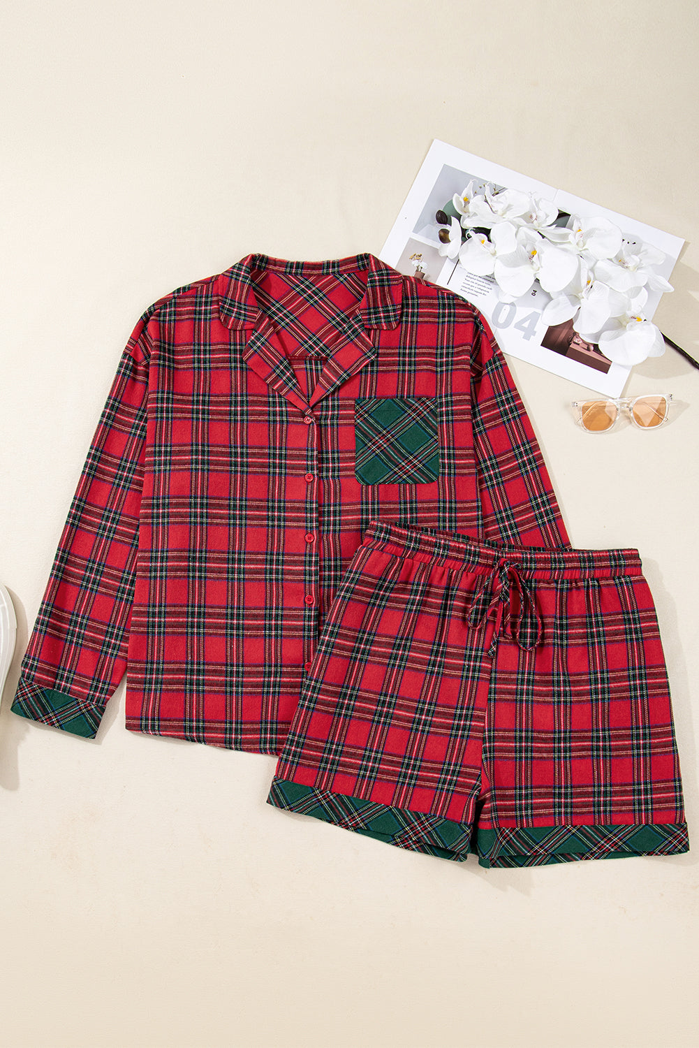 Plus Size Christmas Plaid Shirt and Shorts Pajama Set