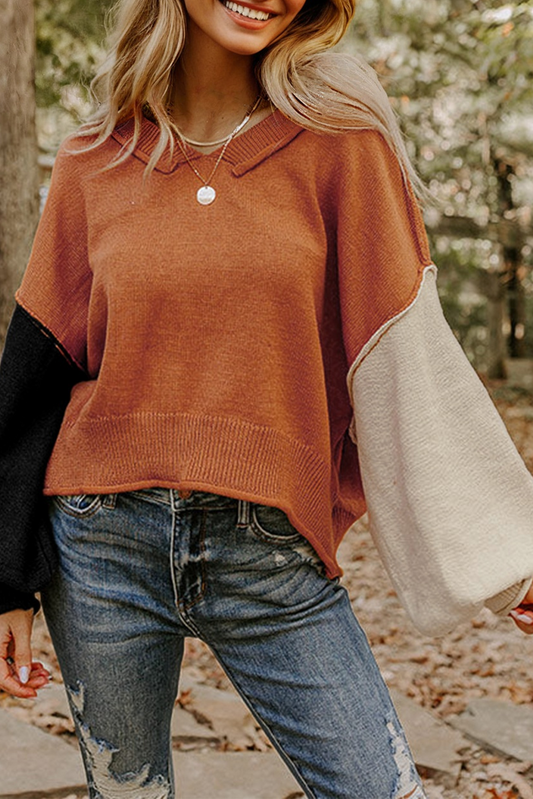 Colorblock Raw Edge Bubble Sleeve V-Neck Sweater