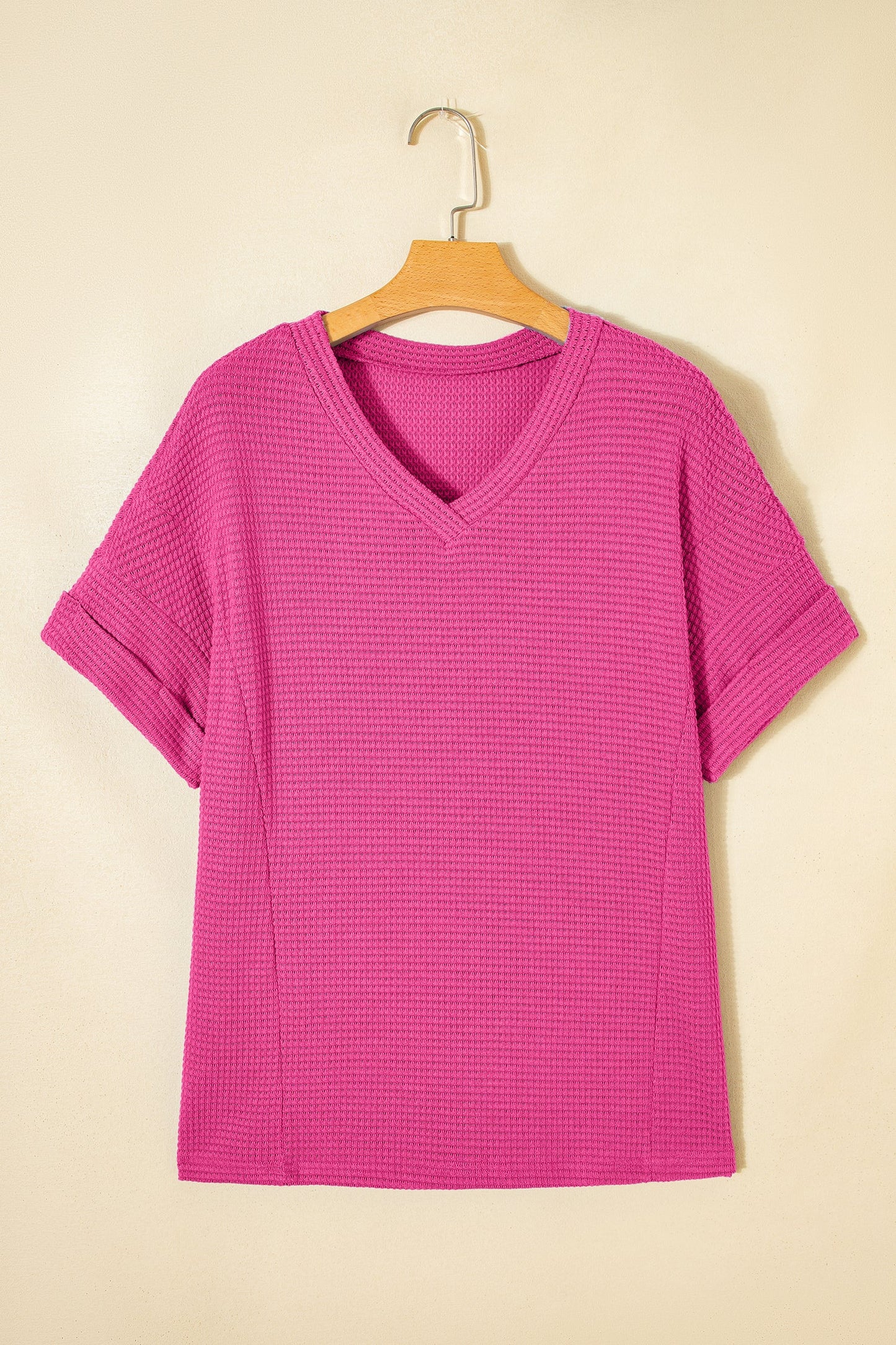 Solid Waffle Knit V-Neck Short Sleeve Top