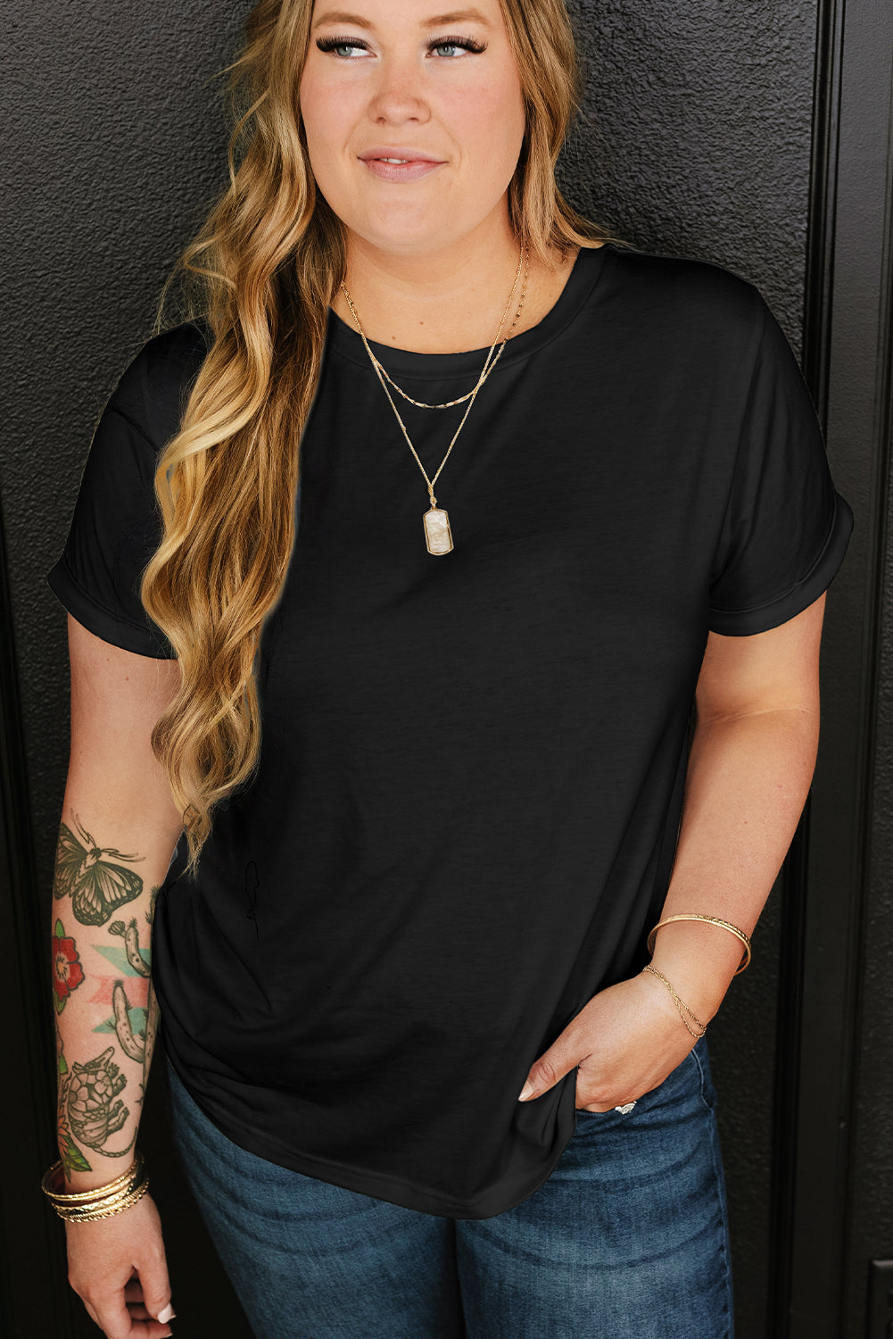 Plus Size Solid Rolled Short Sleeve T-Shirt
