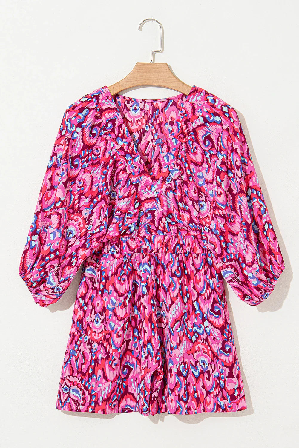 Abstract Puff Sleeve V-Neck High Waist Romper