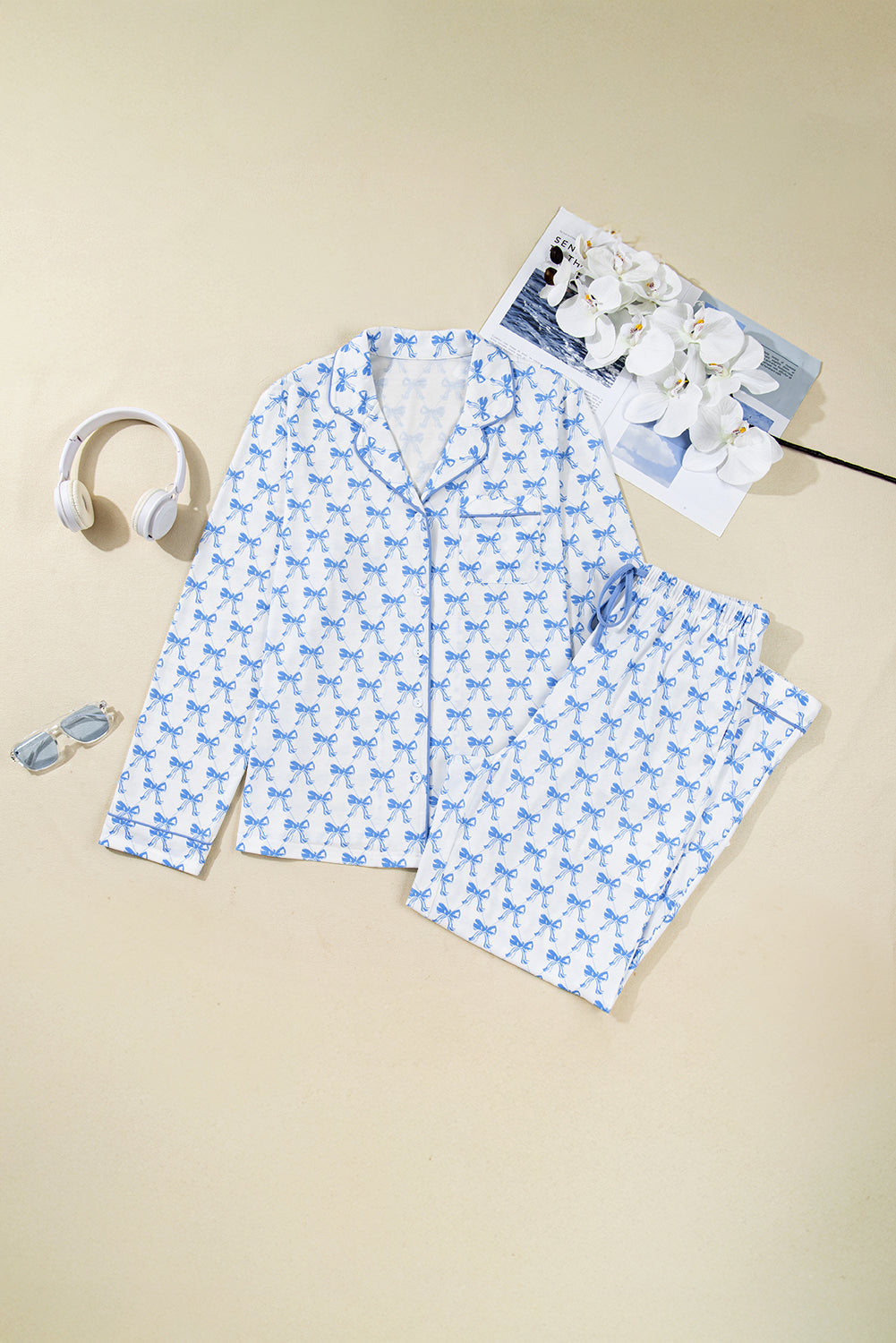 Bow Shirt and Pants Pajama Set