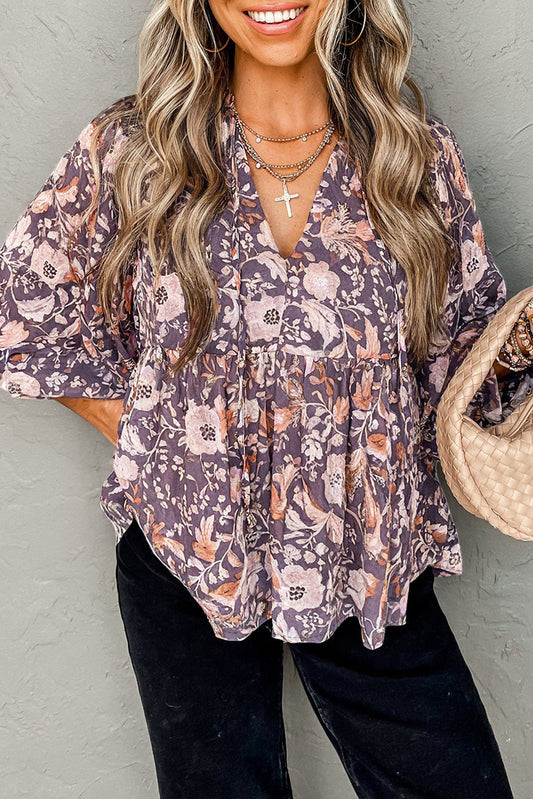 Boho Floral 3/4 Sleeve Babydoll Blouse