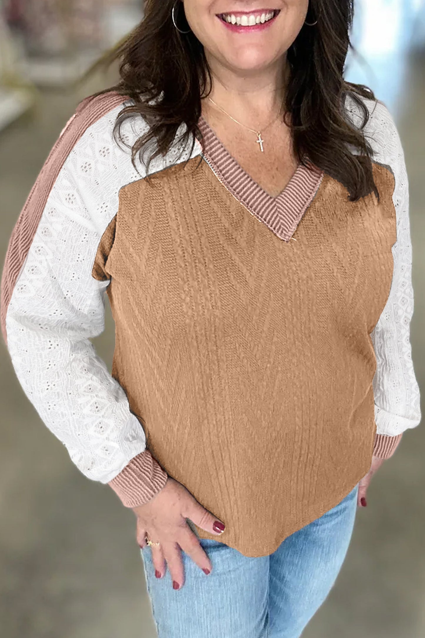 Plus Size Colorblock Lace Patchwork Long Sleeve Blouse