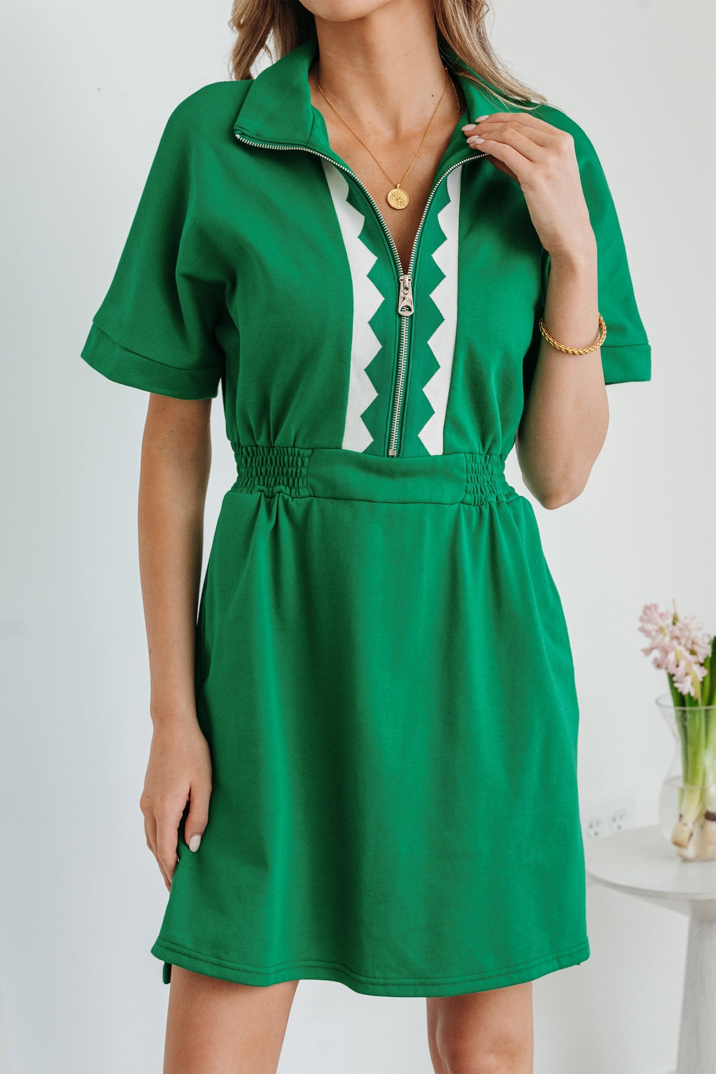 Geometric Patchwork Half-Zip Elastic Waist Dress