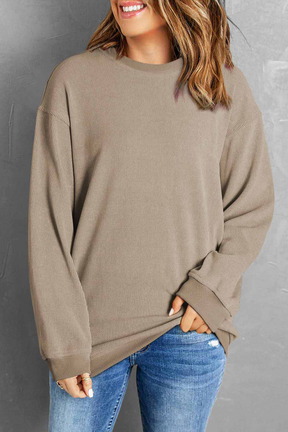 Solid Ribbed Knit Round Neck Pullover Sweatshirt