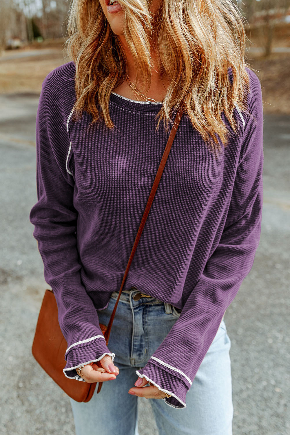 Solid Waffle Knit Round Neck Long Sleeve Top