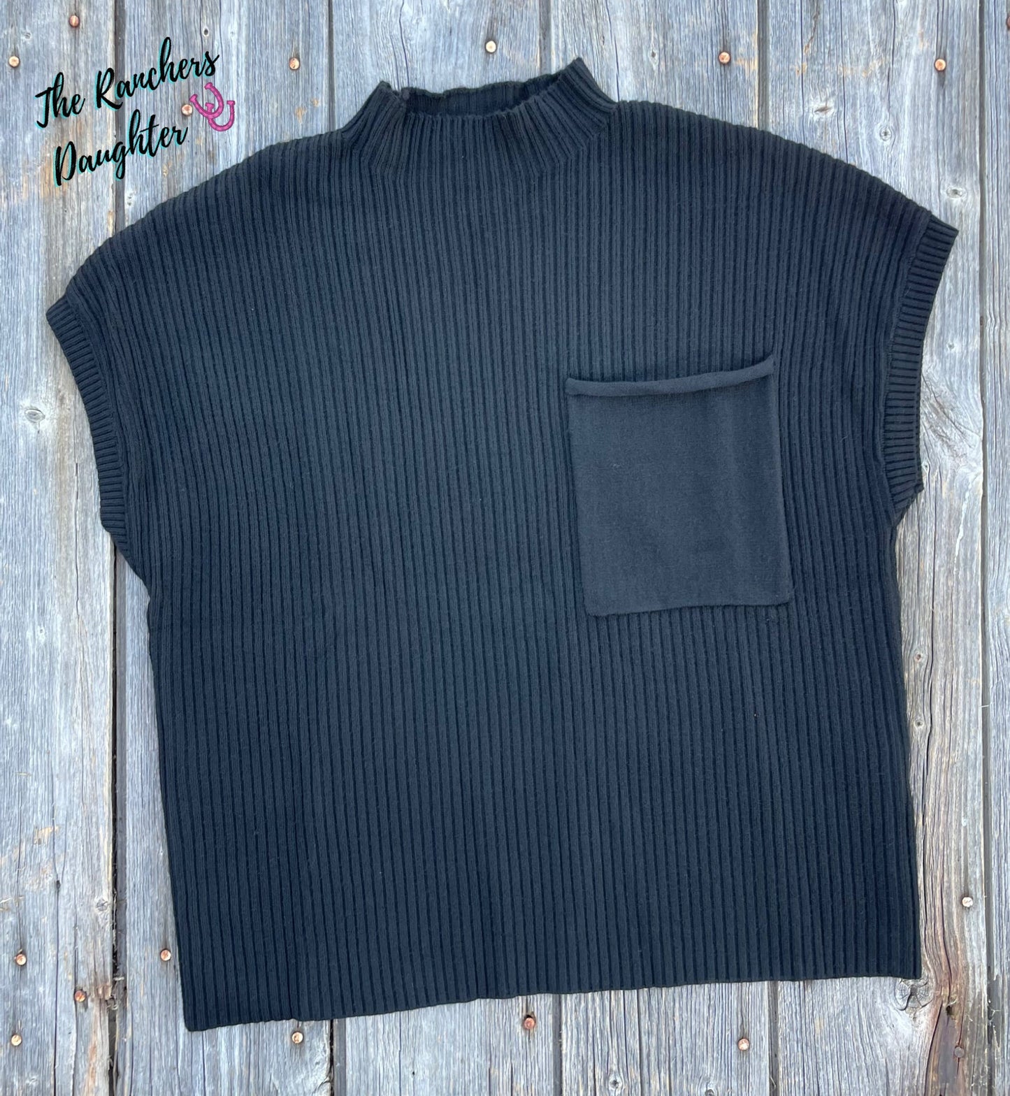 Black Fall Patch Pocket Rib Knit Short Sleeve Sweater