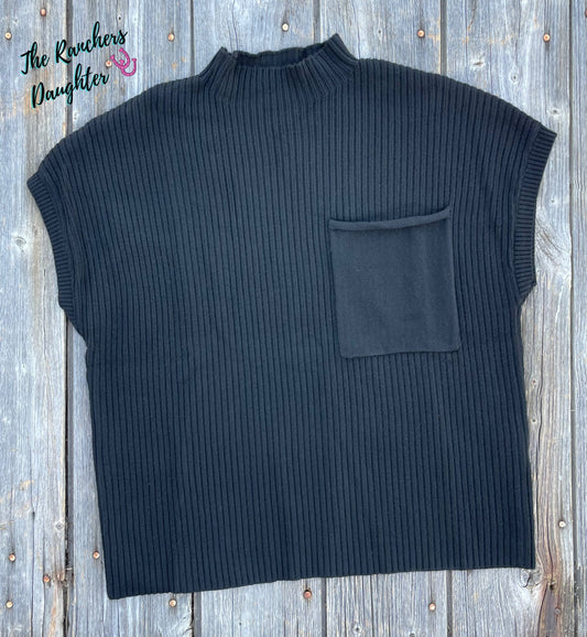Black Fall Patch Pocket Rib Knit Short Sleeve Sweater