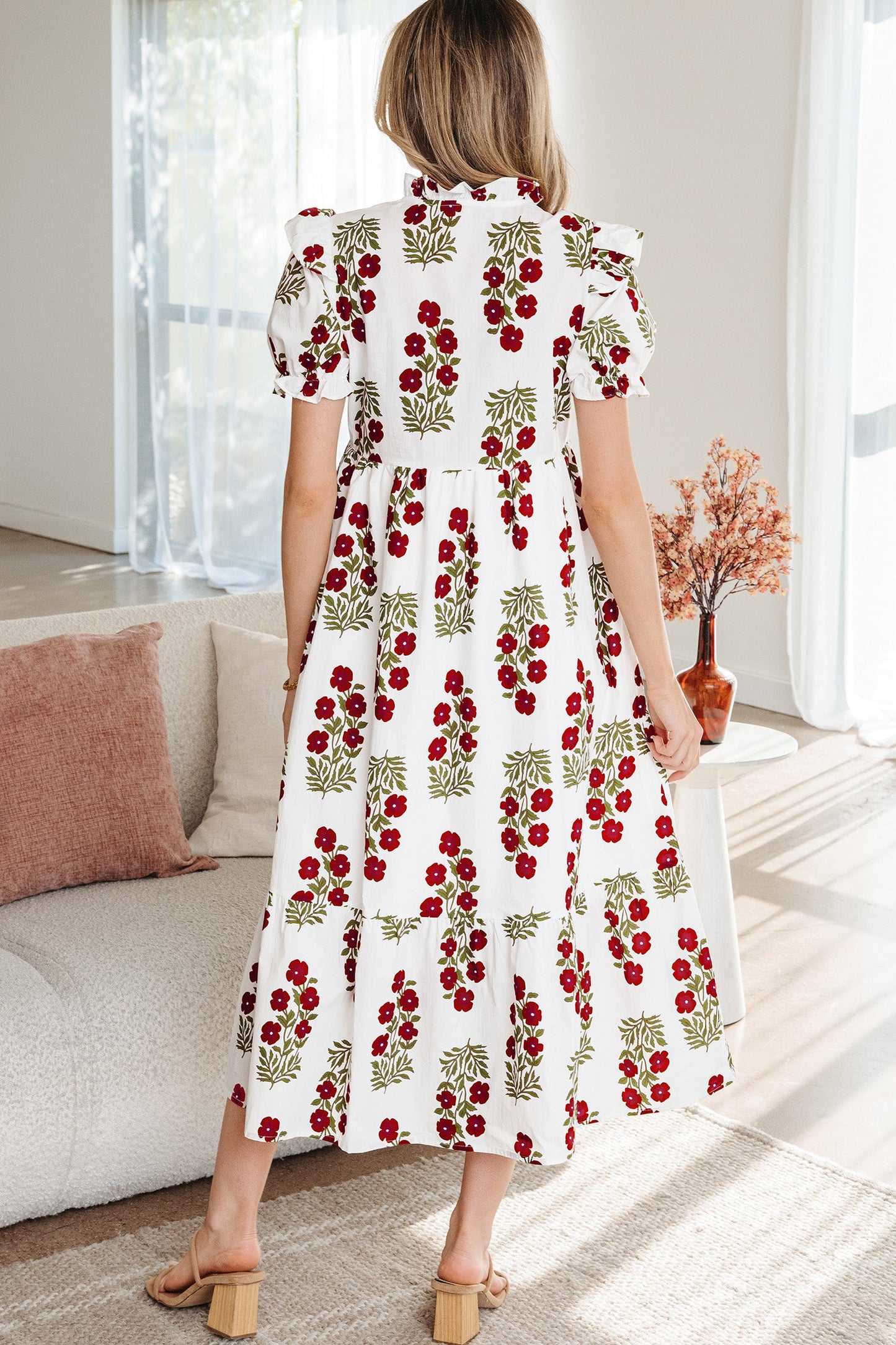 Floral Bubble Sleeve Tiered Maxi Dress
