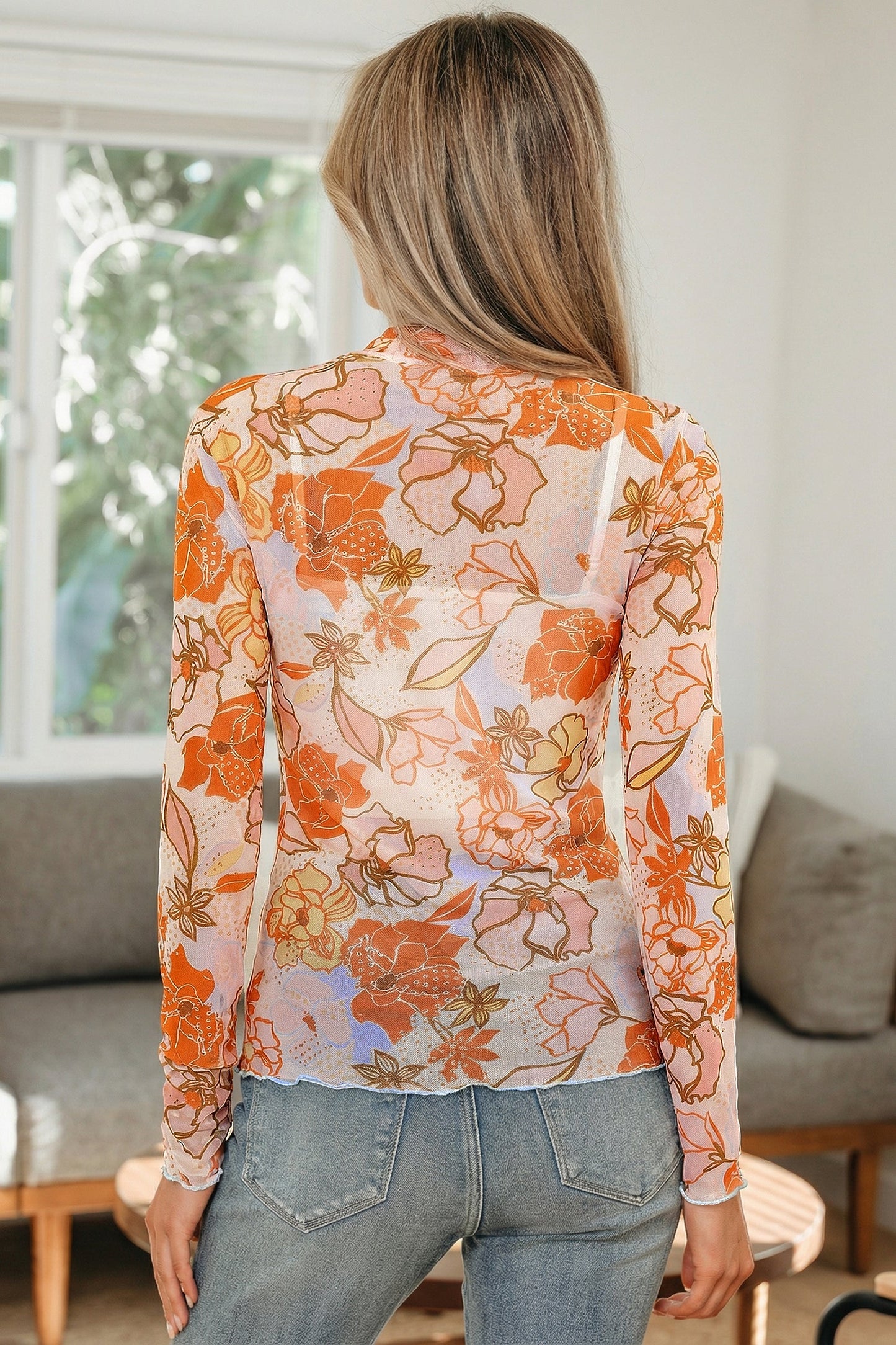 Floral Slim Lettuce Trim Long Sleeve Top