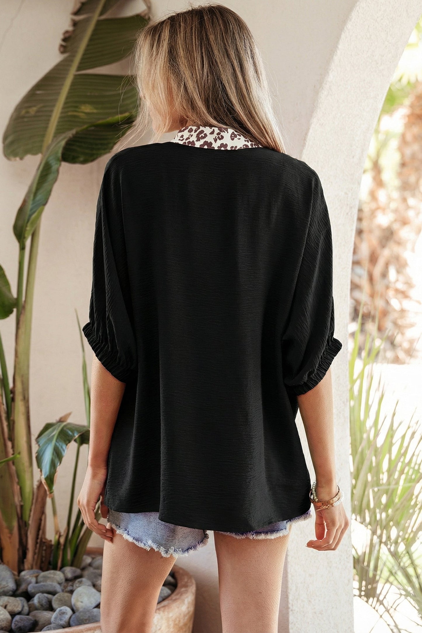 Leopard Patchwork Dolman Sleeve V-Neck Blouse