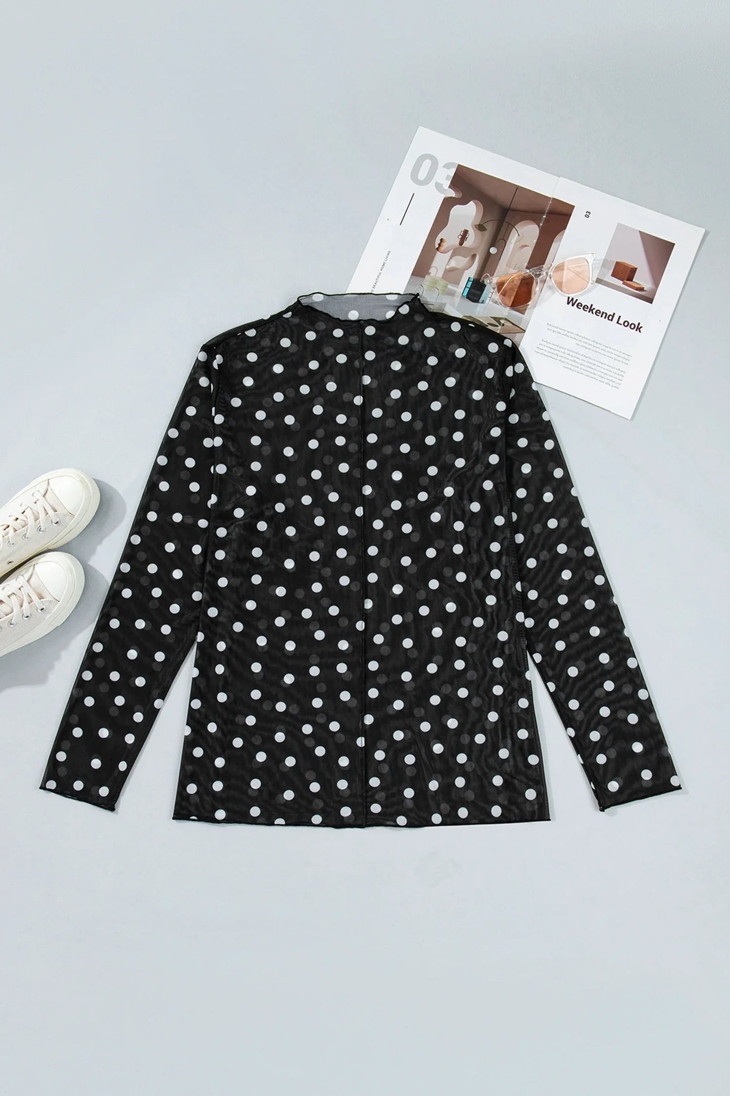 Plus Size Polka Dot Mesh Mock Neck Top