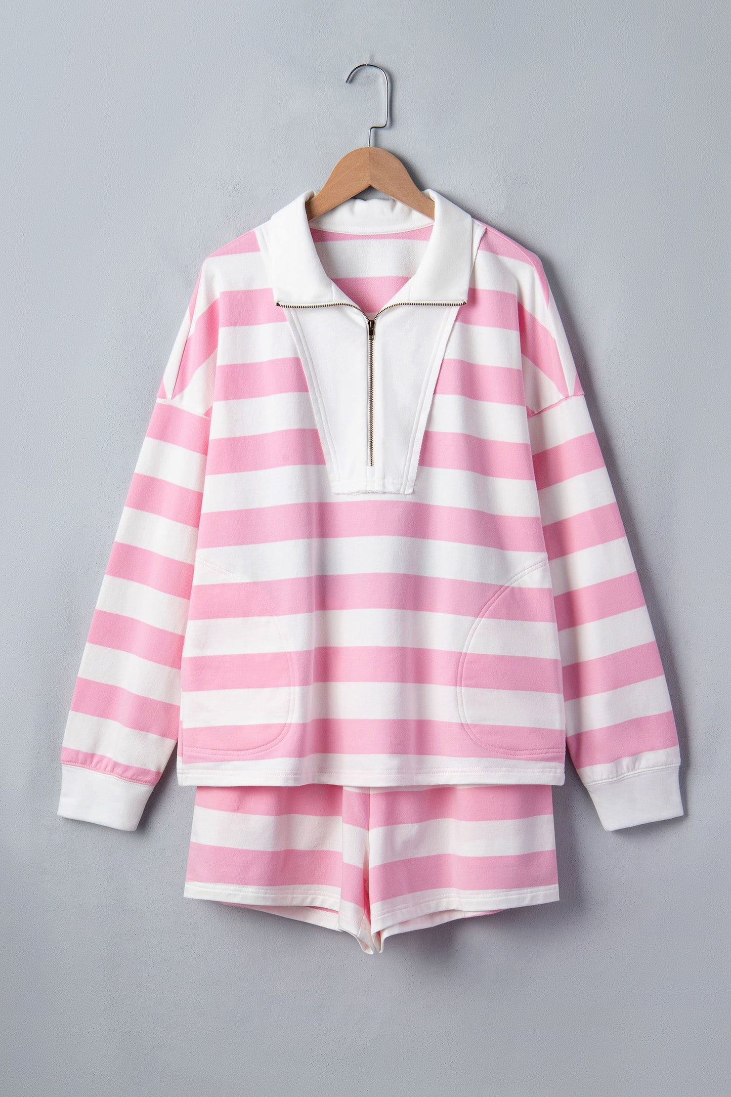 Stripe Patchwork Quarter Zip Pullover & Shorts Set
