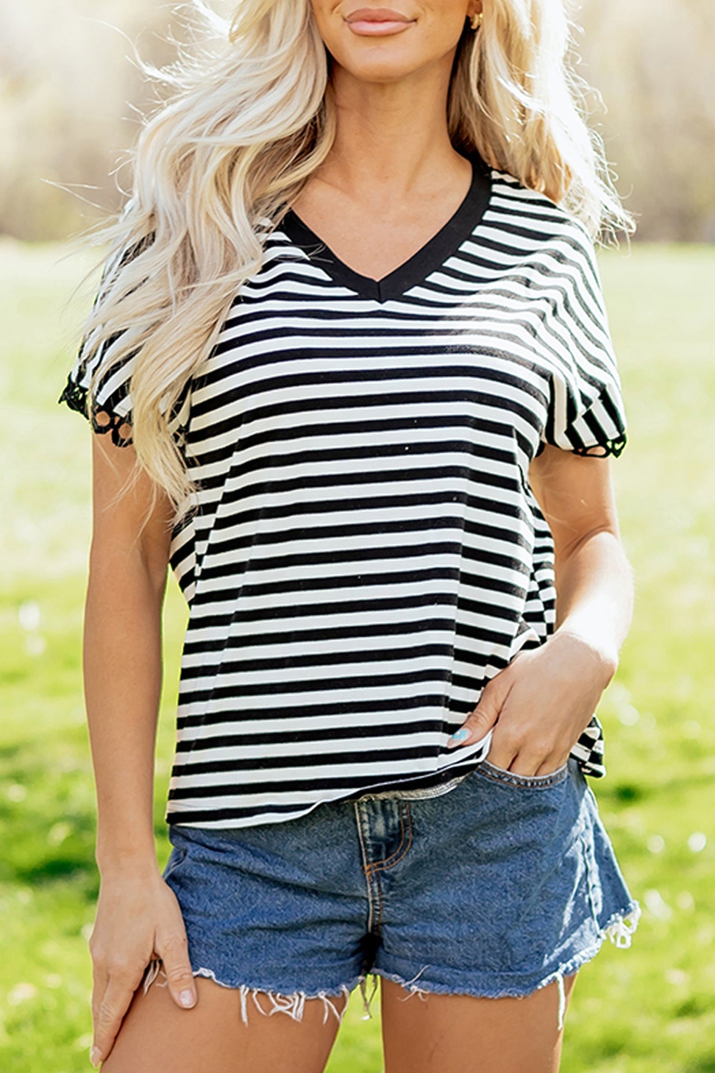 Stripe V-Neck Lace Trim Short Sleeve Tee