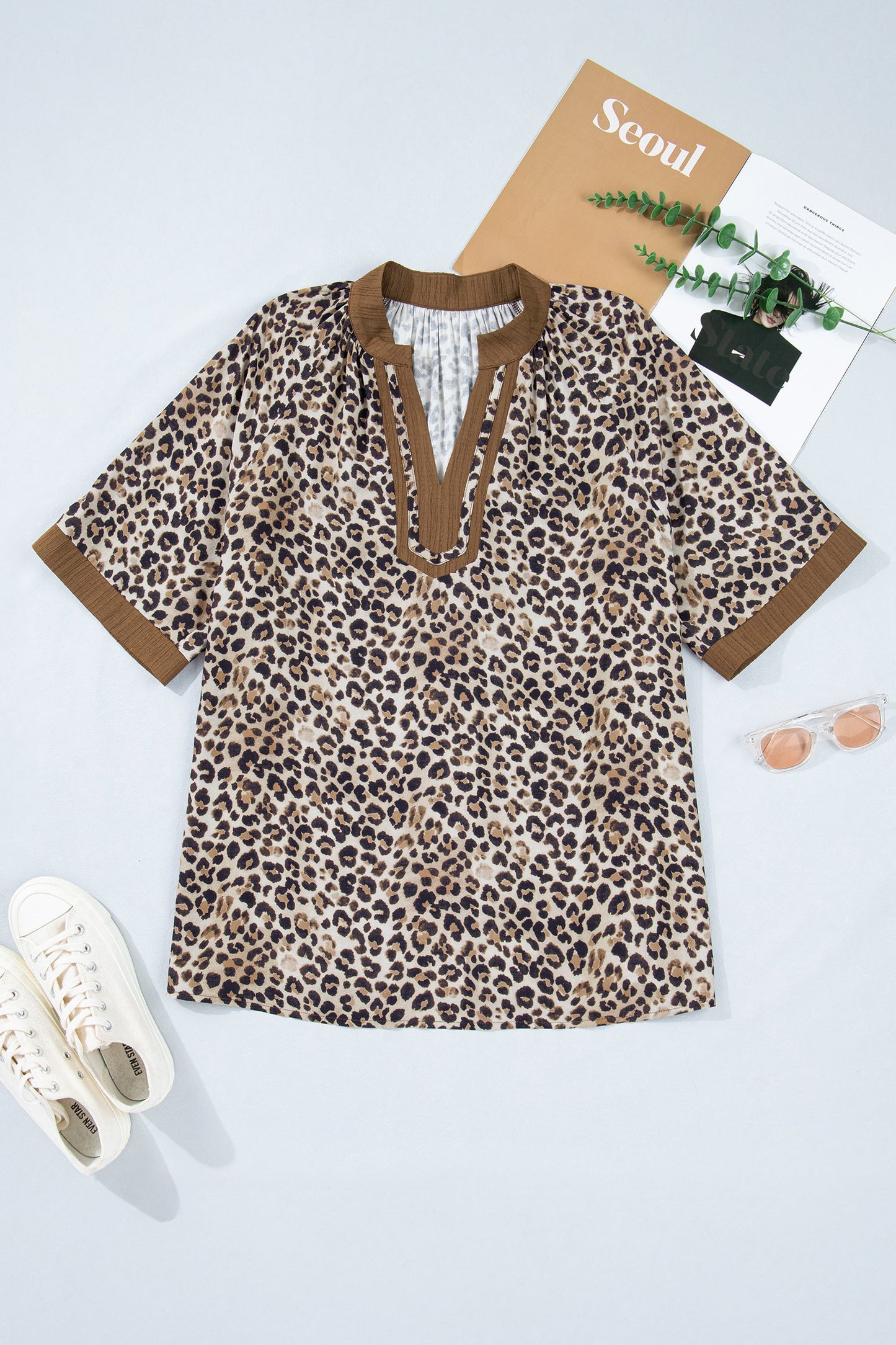 Plus Size Leopard Crinkled V-Neck Blouse