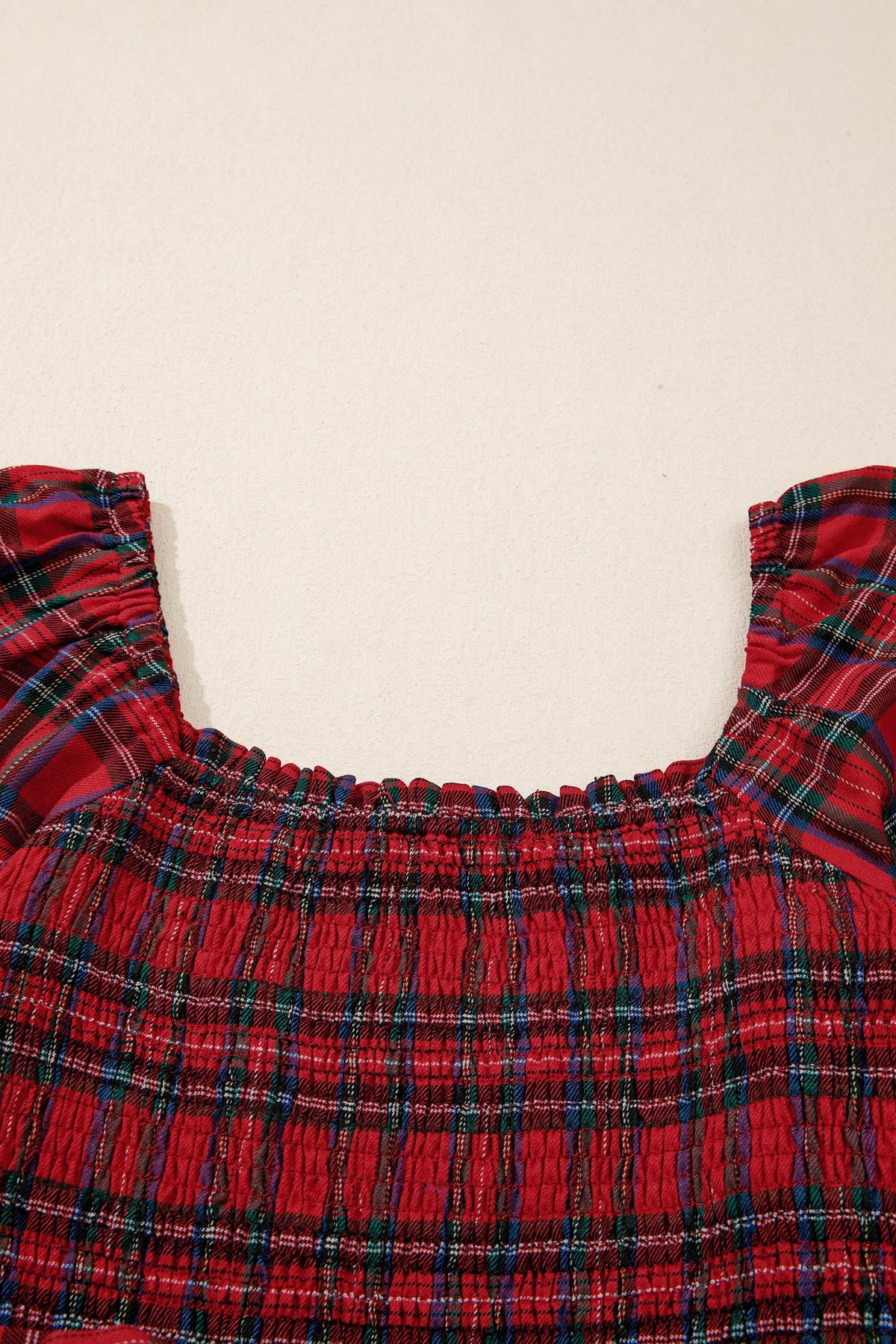Plaid Square Neck Puff Sleeve Belted Midi Dress