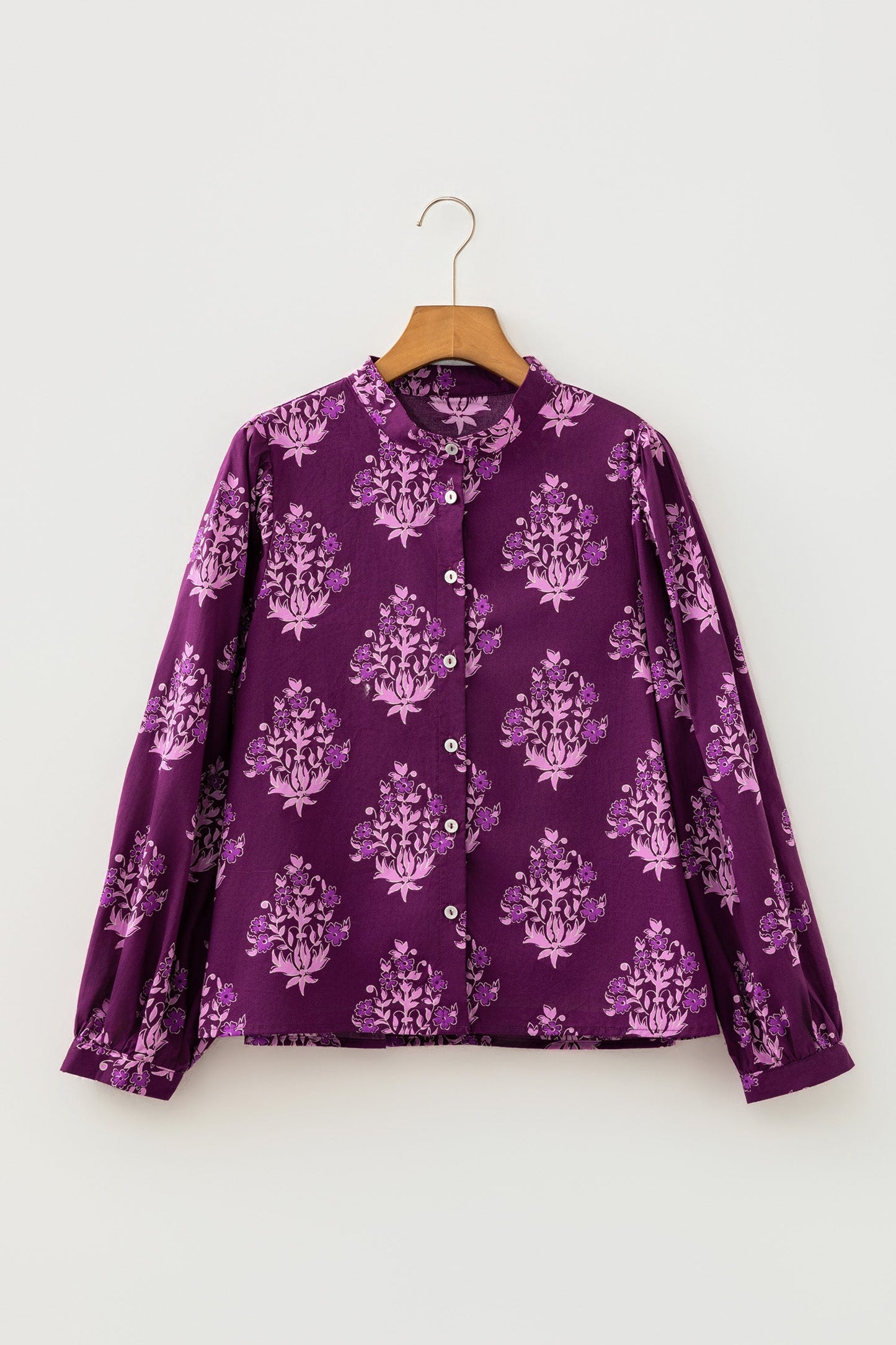 Floral Button Front Long Puff Sleeve Blouse