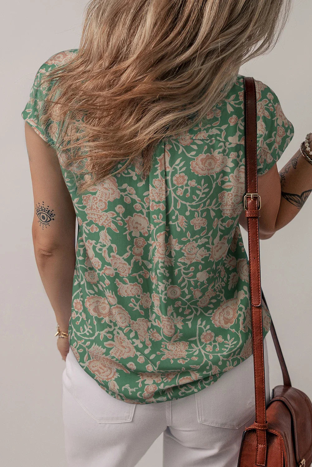 Floral Pleated Button V-Neck Short Sleeve Blouse
