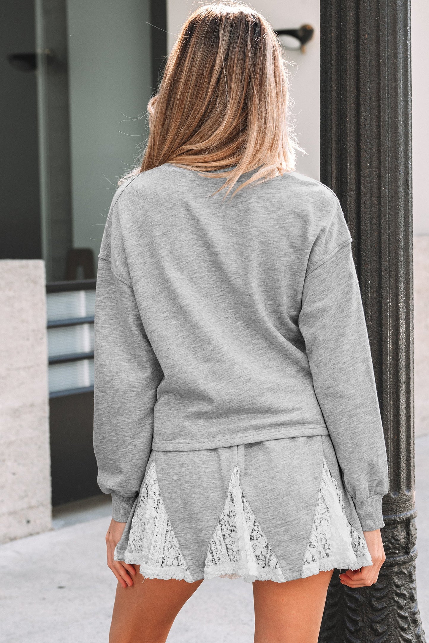 Lace Patchwork Pullover and  Drawstring Skort Set