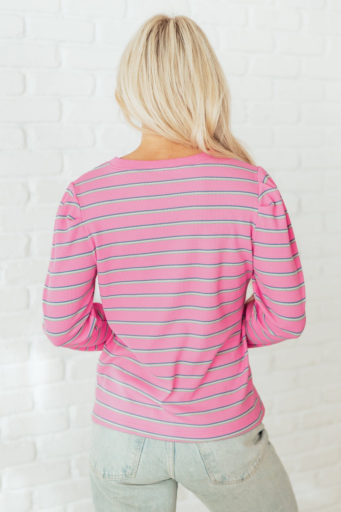 Stripe Textured Knit Round Neck Long Sleeve Top