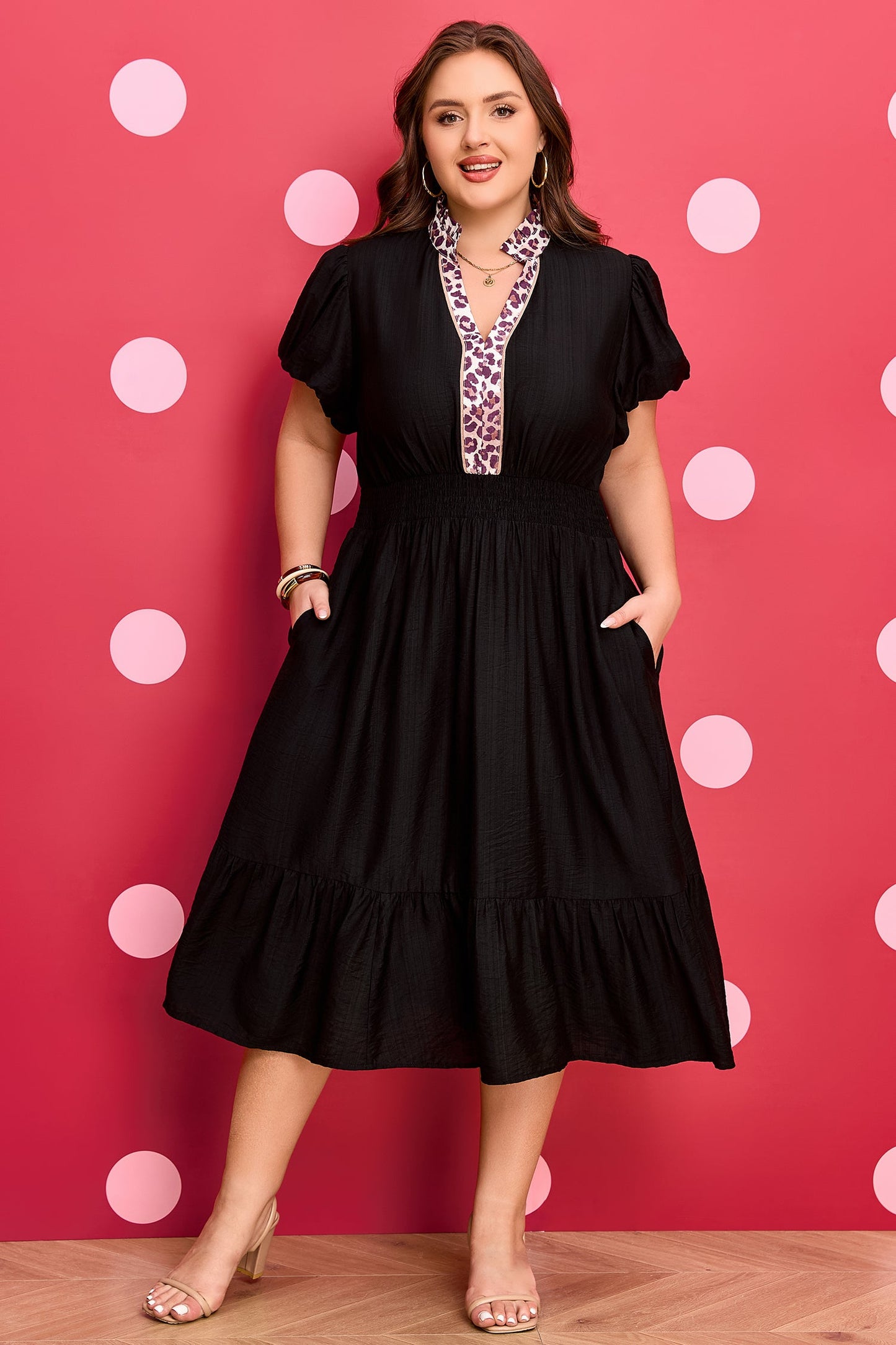 Plus Size Leopard V-Neck Smock Ruffle Dress