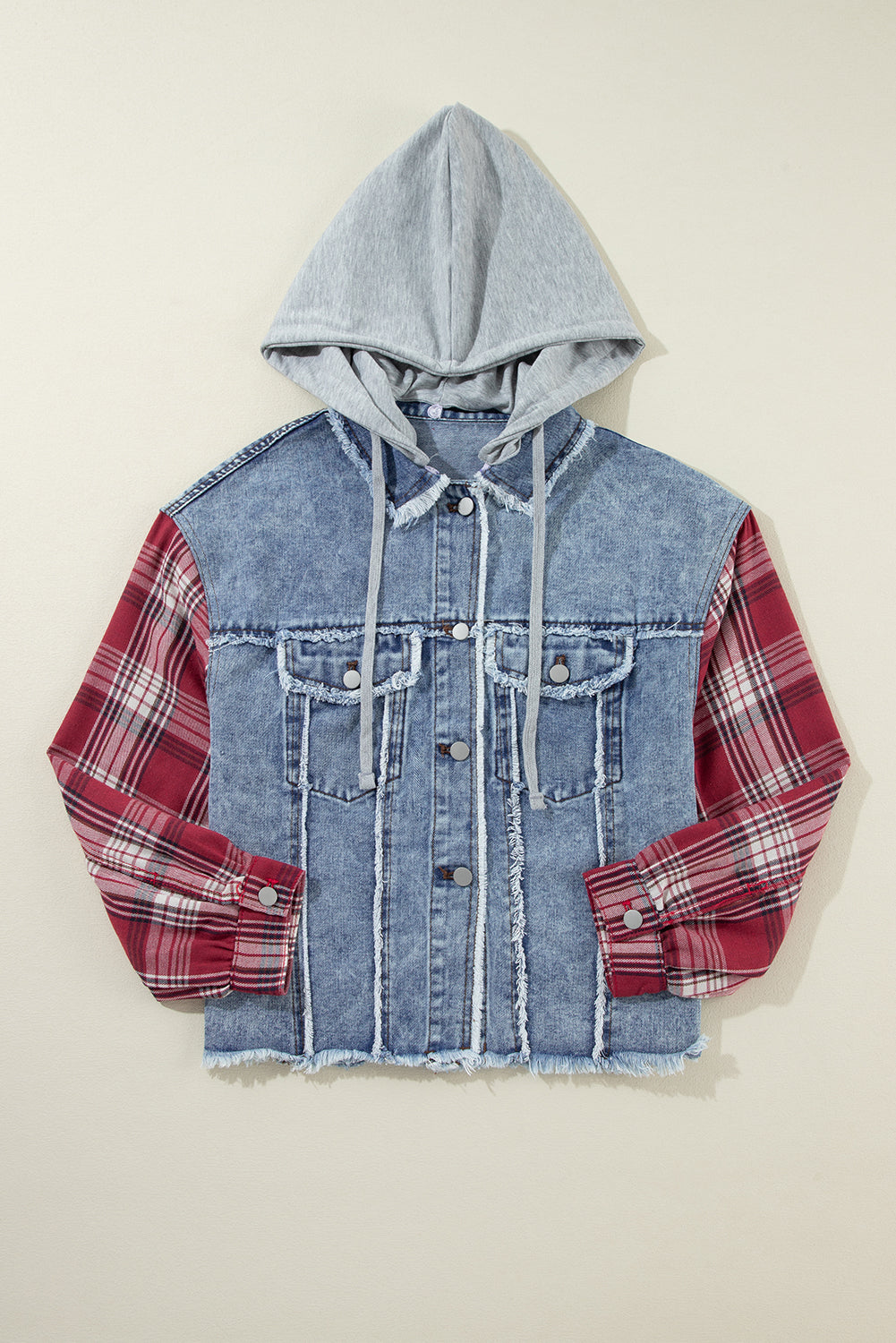 Plus Size Plaid Patchwork Hooded Denim Jacket