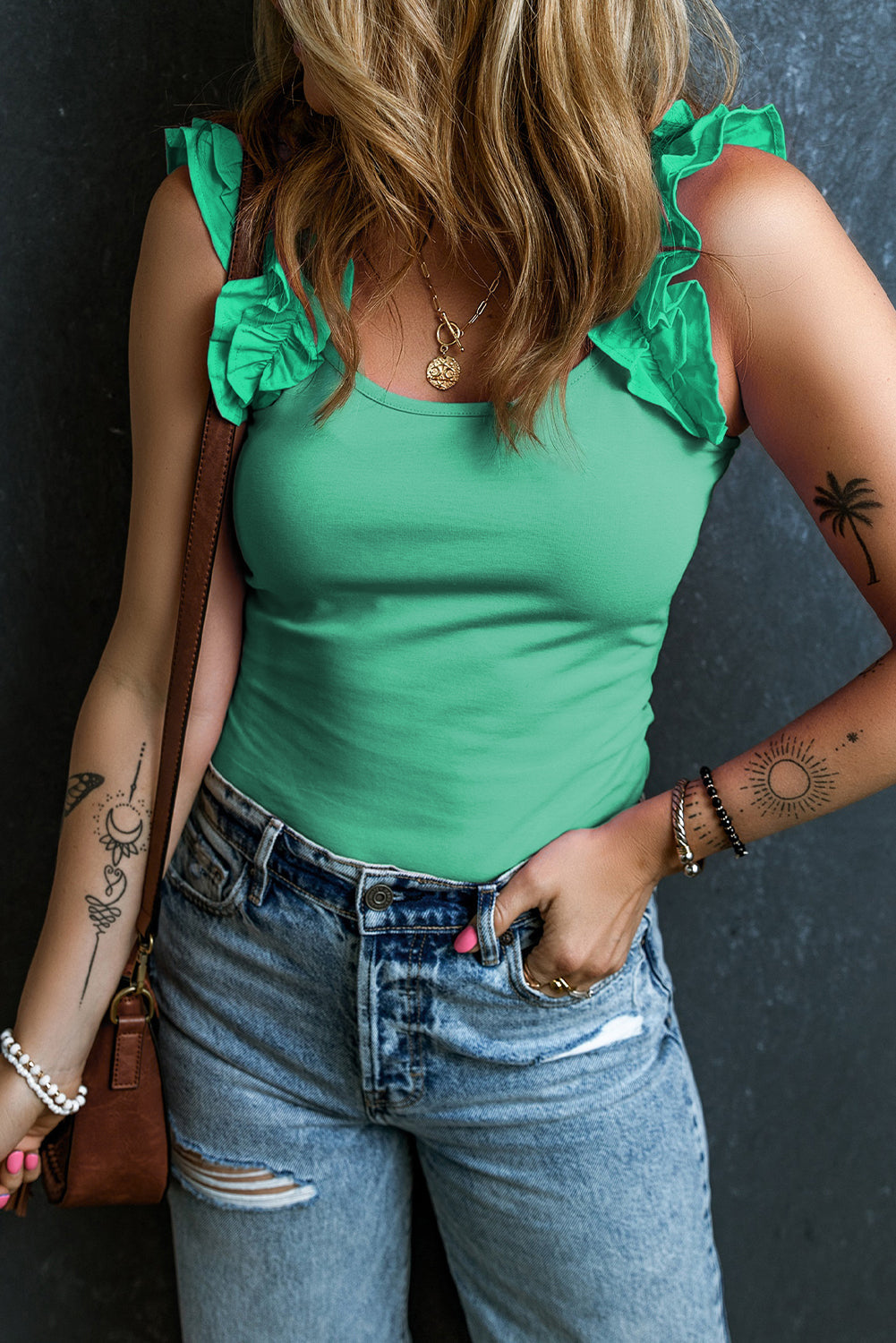 Solid Ruffle Straps Scoop Neck Tank Top